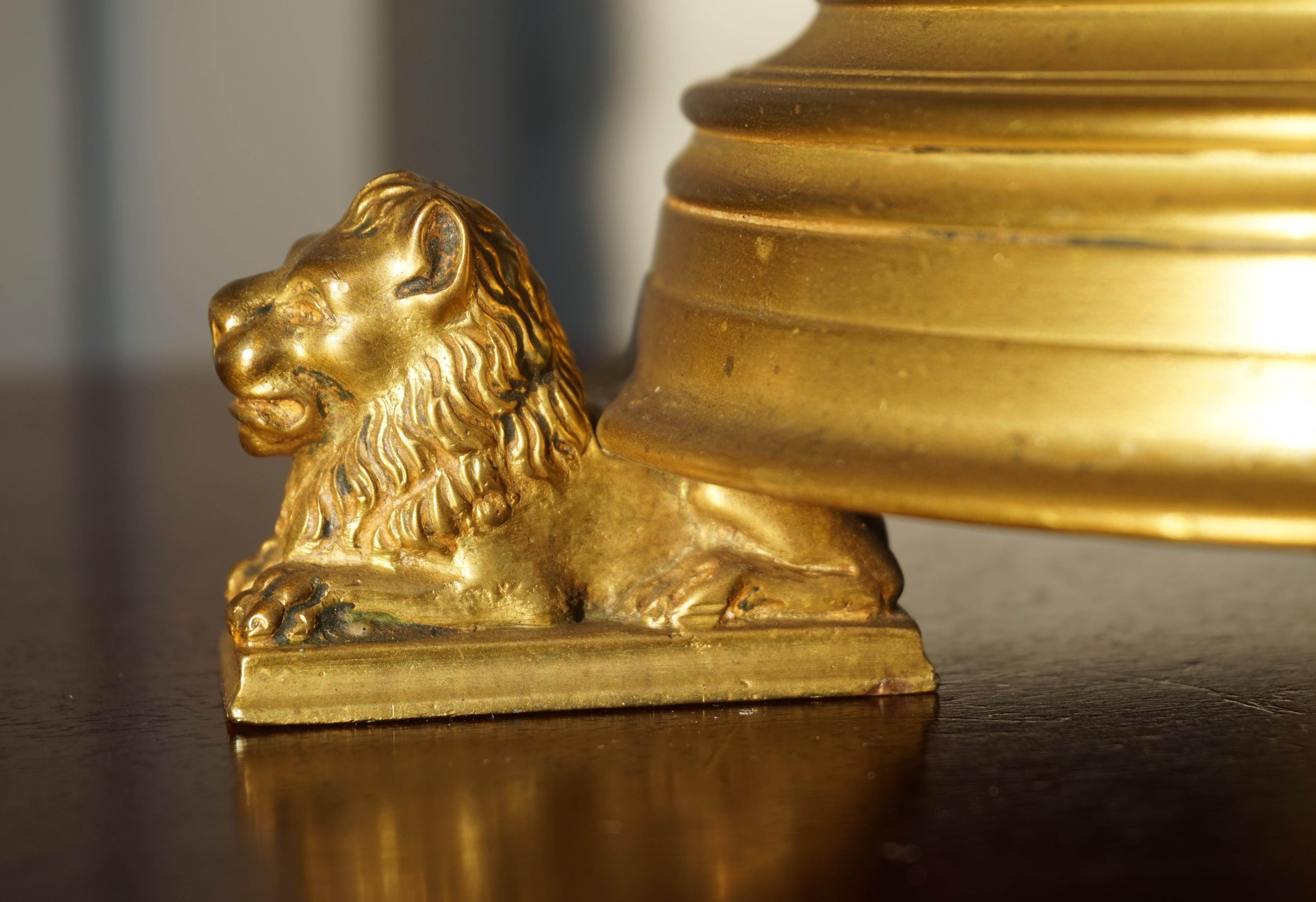 Pair of Gilt Bronze Gothic Revival Altar Pricket Candlesticks w. Lion Sculptures 9