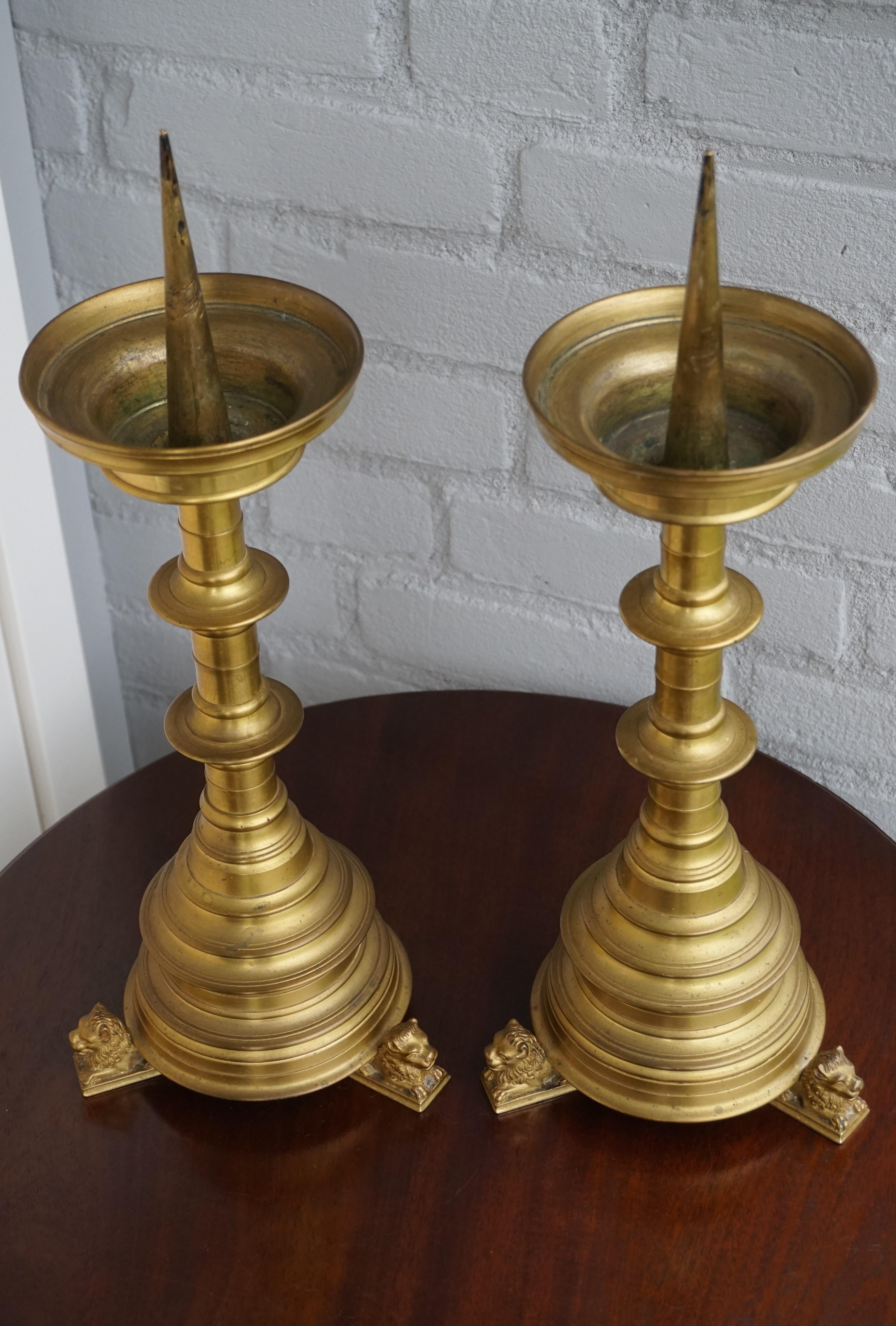 Pair of Gilt Bronze Gothic Revival Altar Pricket Candlesticks w. Lion Sculptures For Sale 10