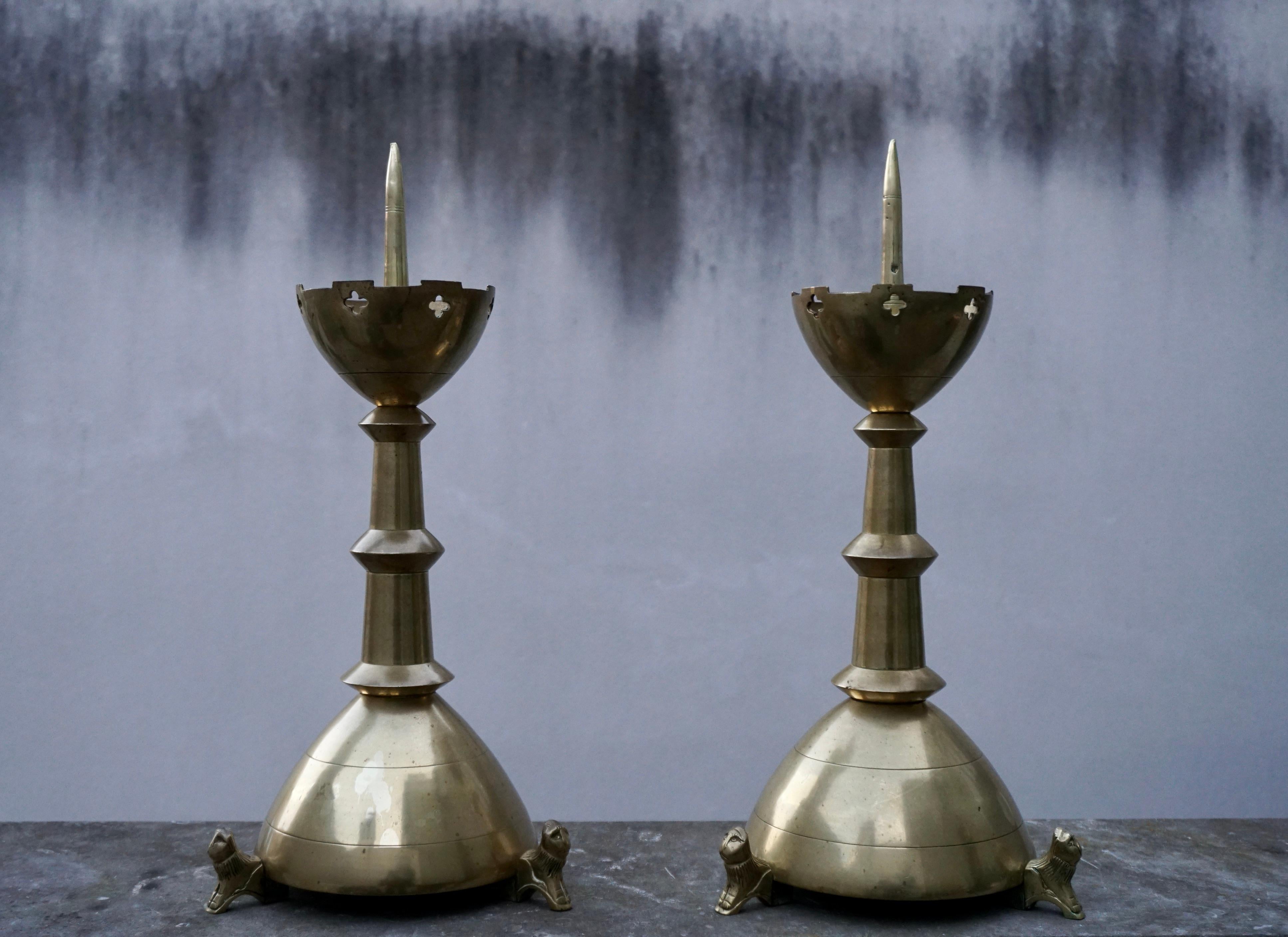 Belgian Pair of Gilt Bronze Gothic Revival Altar Pricket Candlesticks w. Lion Sculptures For Sale