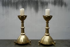 Pair of Gilt Bronze Gothic Revival Altar Pricket Candlesticks w. Lion Sculptures