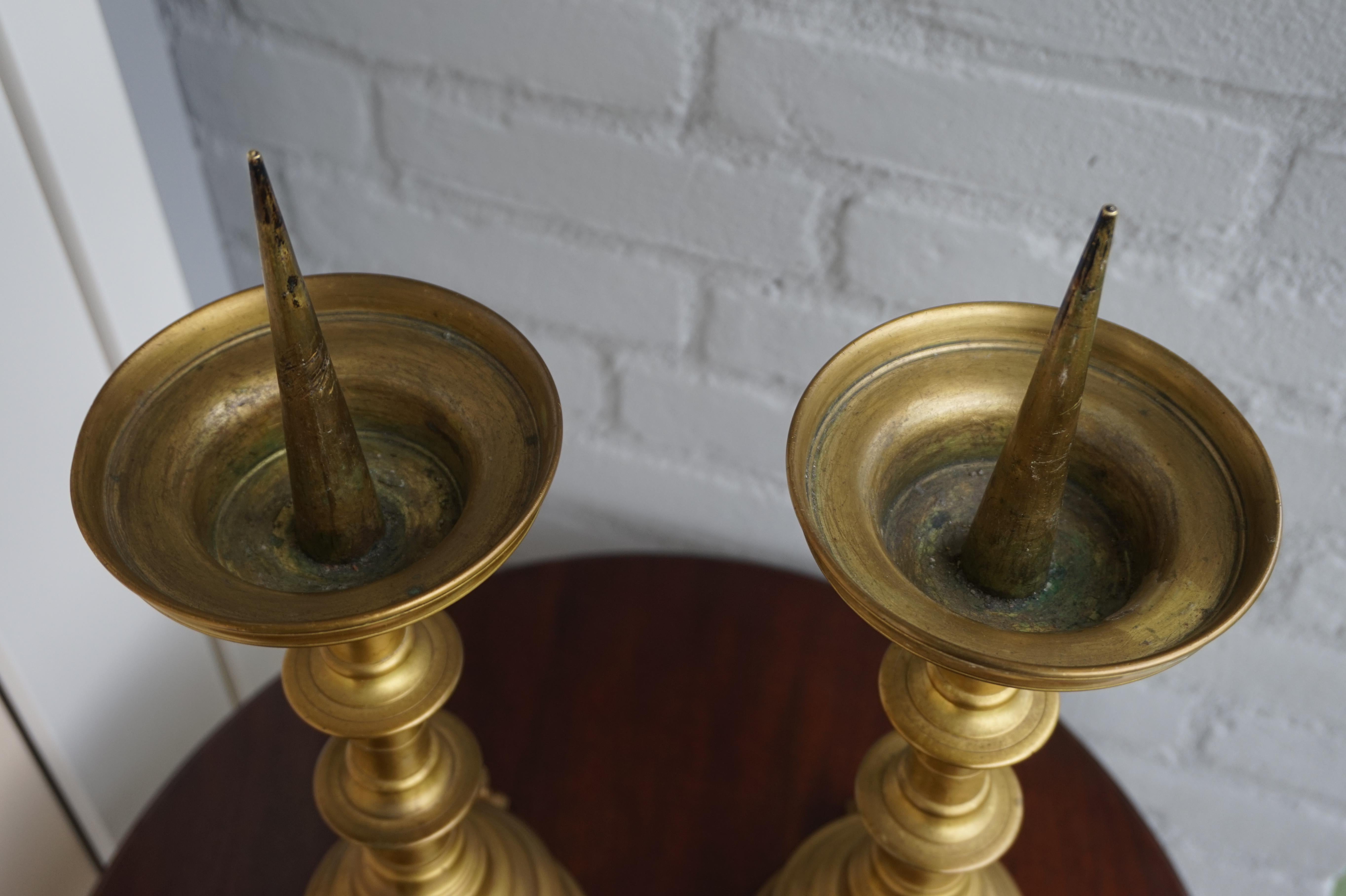 Hand-Crafted Pair of Gilt Bronze Gothic Revival Altar Pricket Candlesticks w. Lion Sculptures For Sale