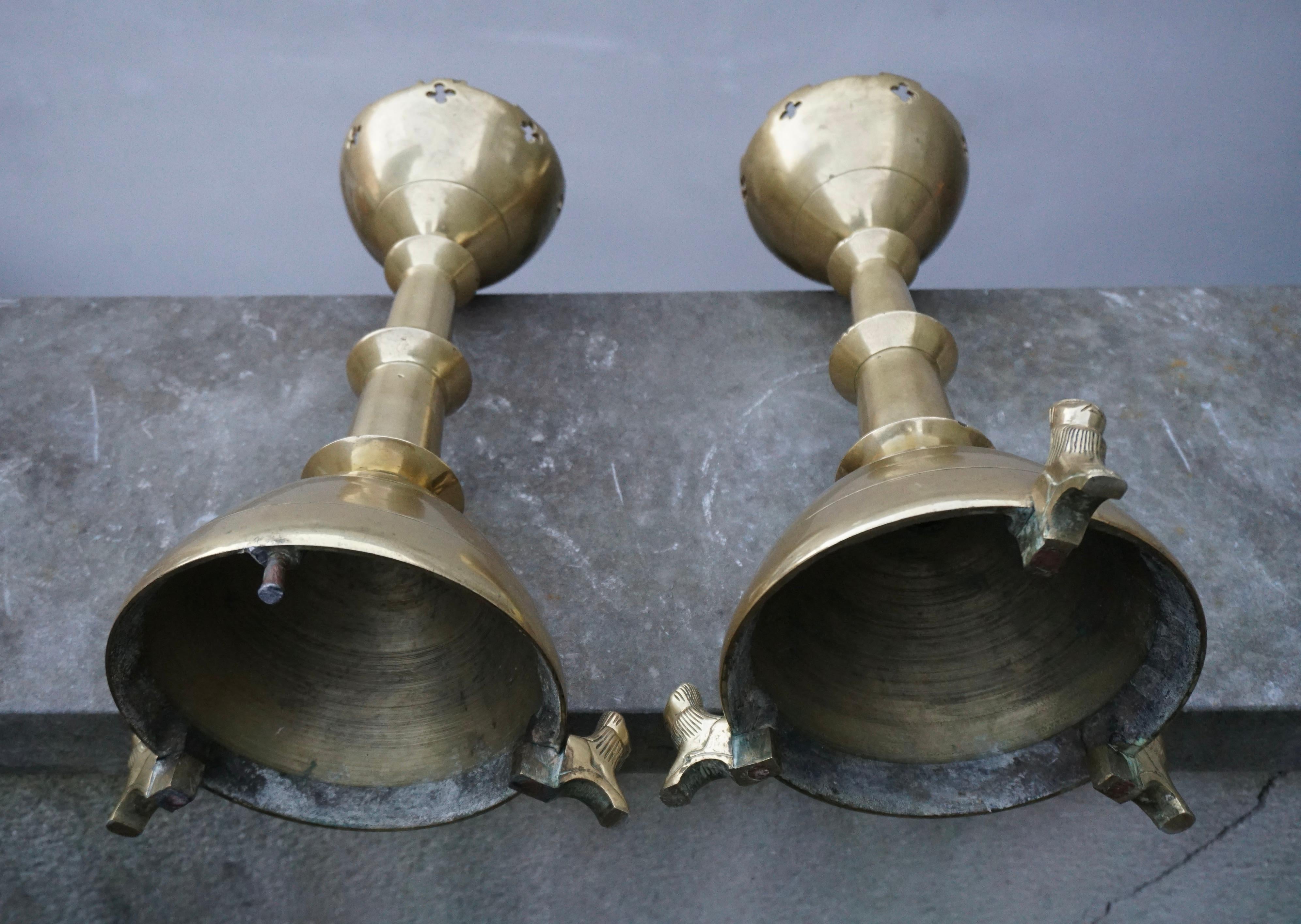 Pair of Gilt Bronze Gothic Revival Altar Pricket Candlesticks w. Lion Sculptures For Sale 4