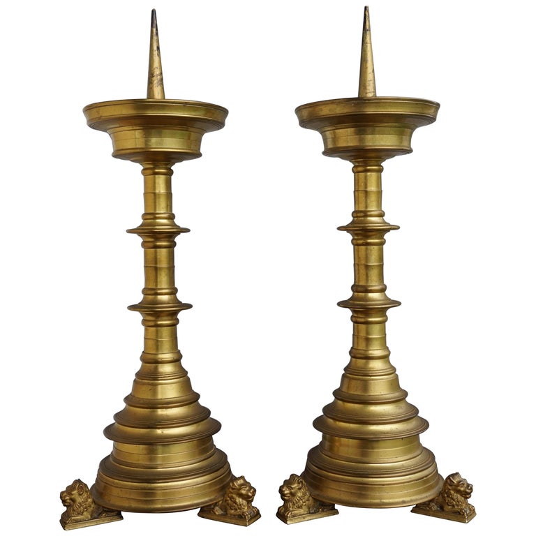 Pair of Gilt Bronze Gothic Revival Altar Pricket Candlesticks w. Lion  Sculptures For Sale at 1stDibs