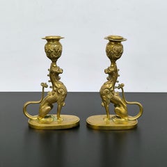 Pair of Gilt Bronze Griffin Candle Holders in Gothic Style