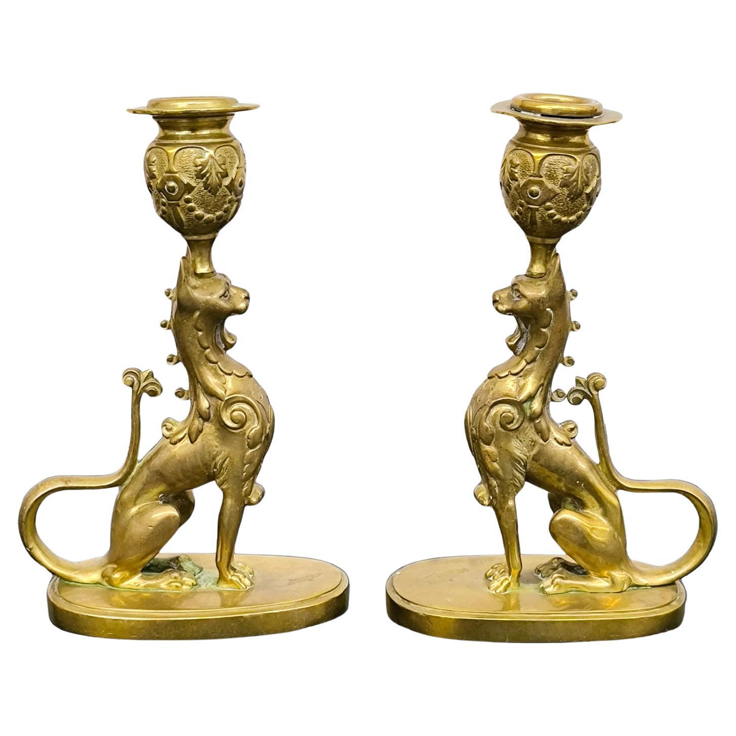 Pair of Gilt Bronze Griffin Candle Holders in Gothic Style