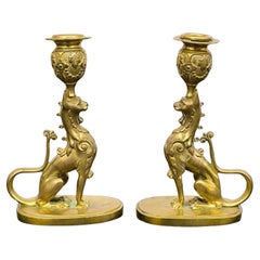 Vintage Pair of Gilt Bronze Griffin Candle Holders in Gothic Style