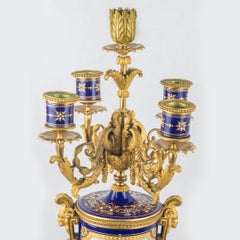 Pair of Gilt Bronze Jeweled Sèvres Style Porcelain Candelabras