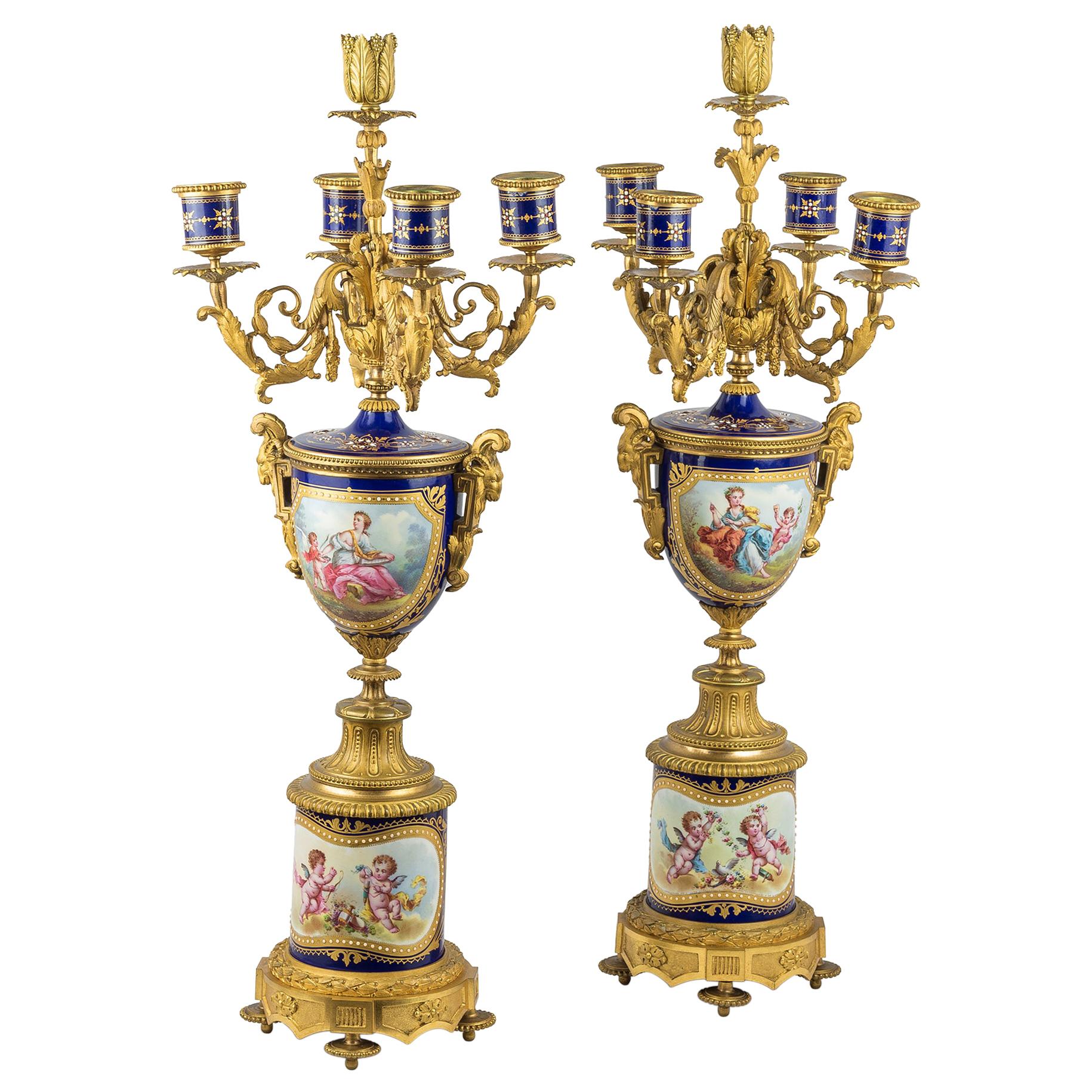 Pair of Gilt Bronze Jeweled Sèvres Style Porcelain Candelabras For Sale