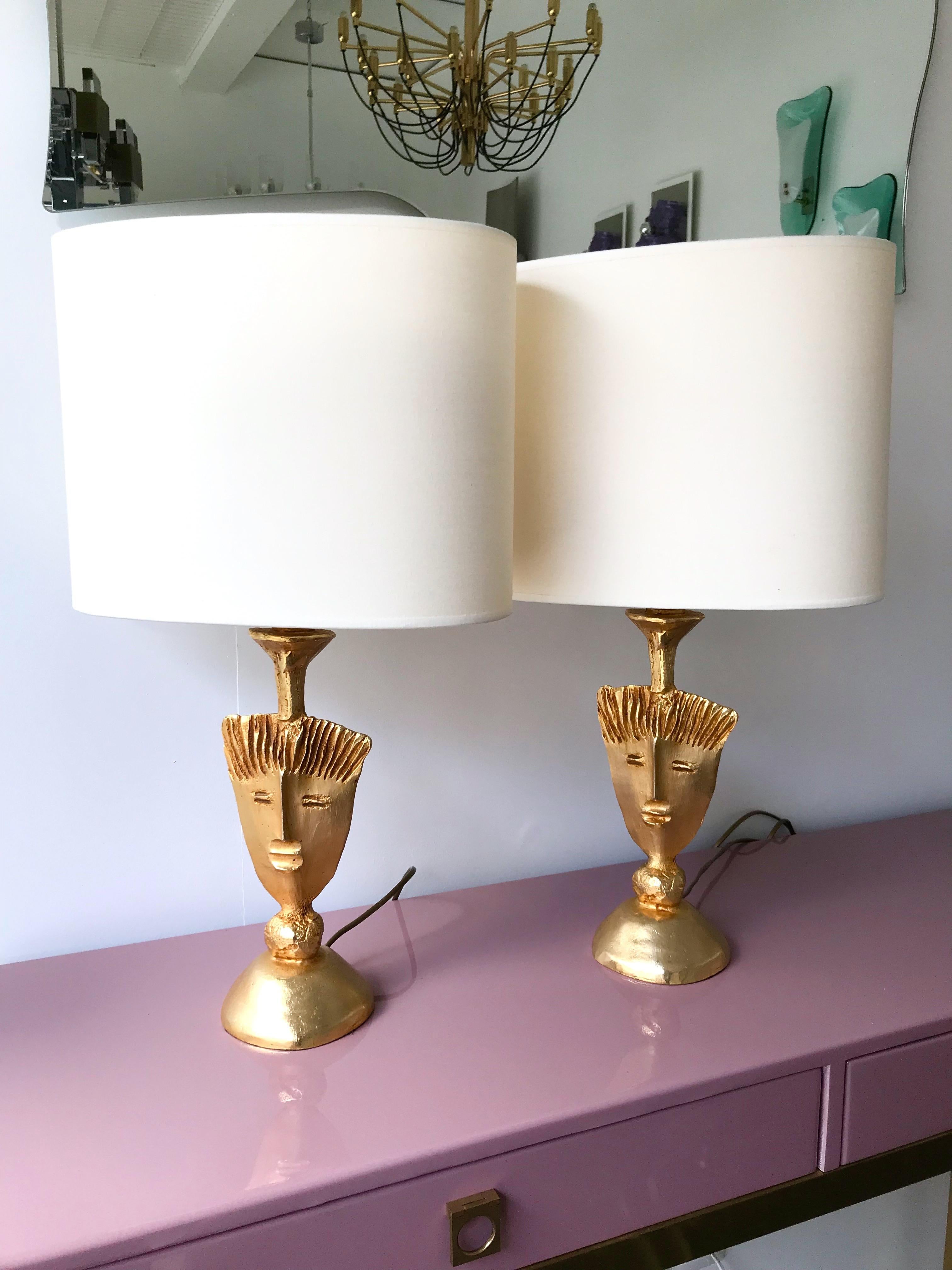 French Pair of Gilt Bronze Lamps by Pierre Casenove for Fondica, France, 1980s