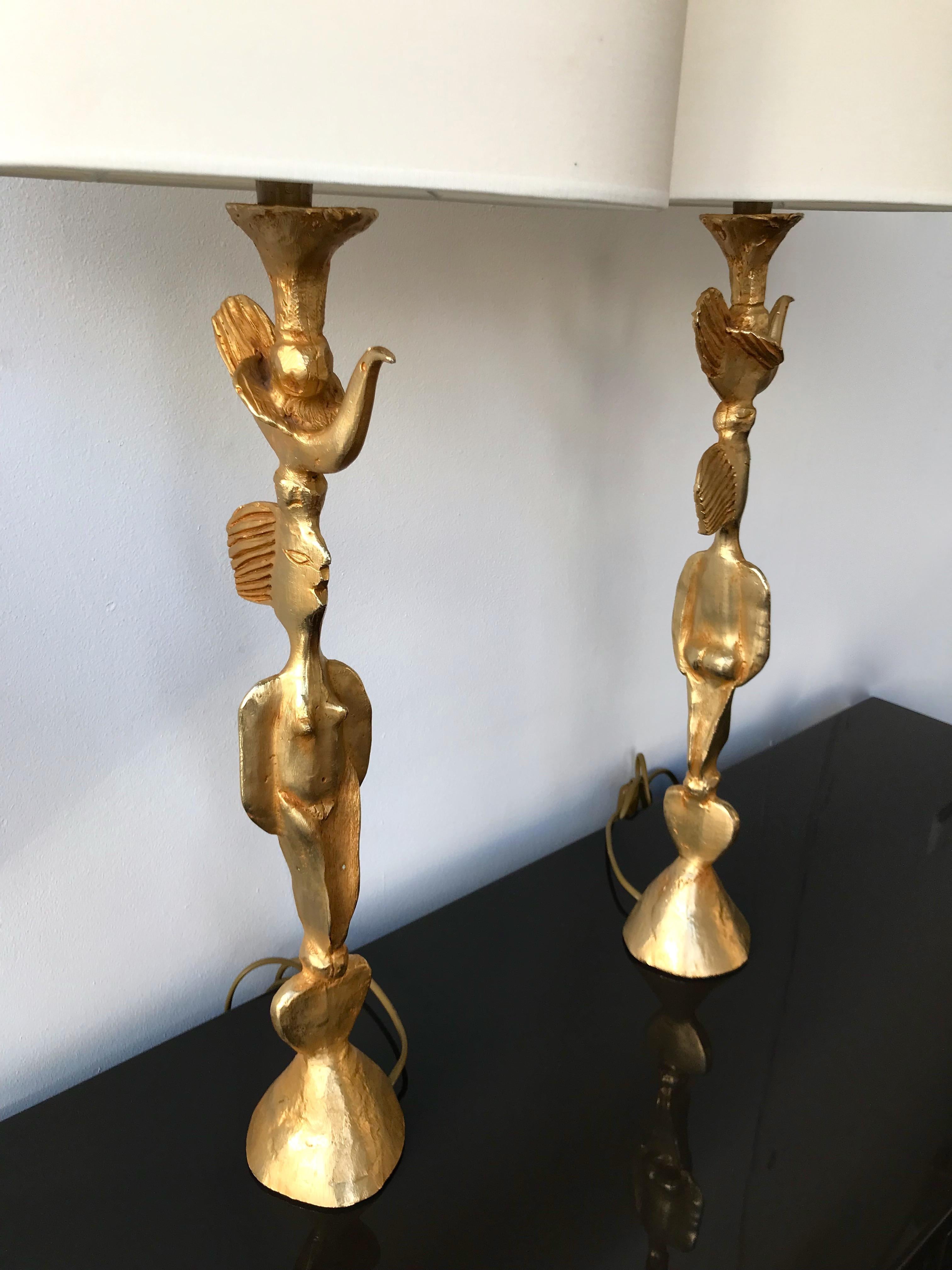 Pair of Gilt Bronze Lamps by Pierre Casenove for Fondica, France, 1980s In Excellent Condition In SAINT-OUEN, FR
