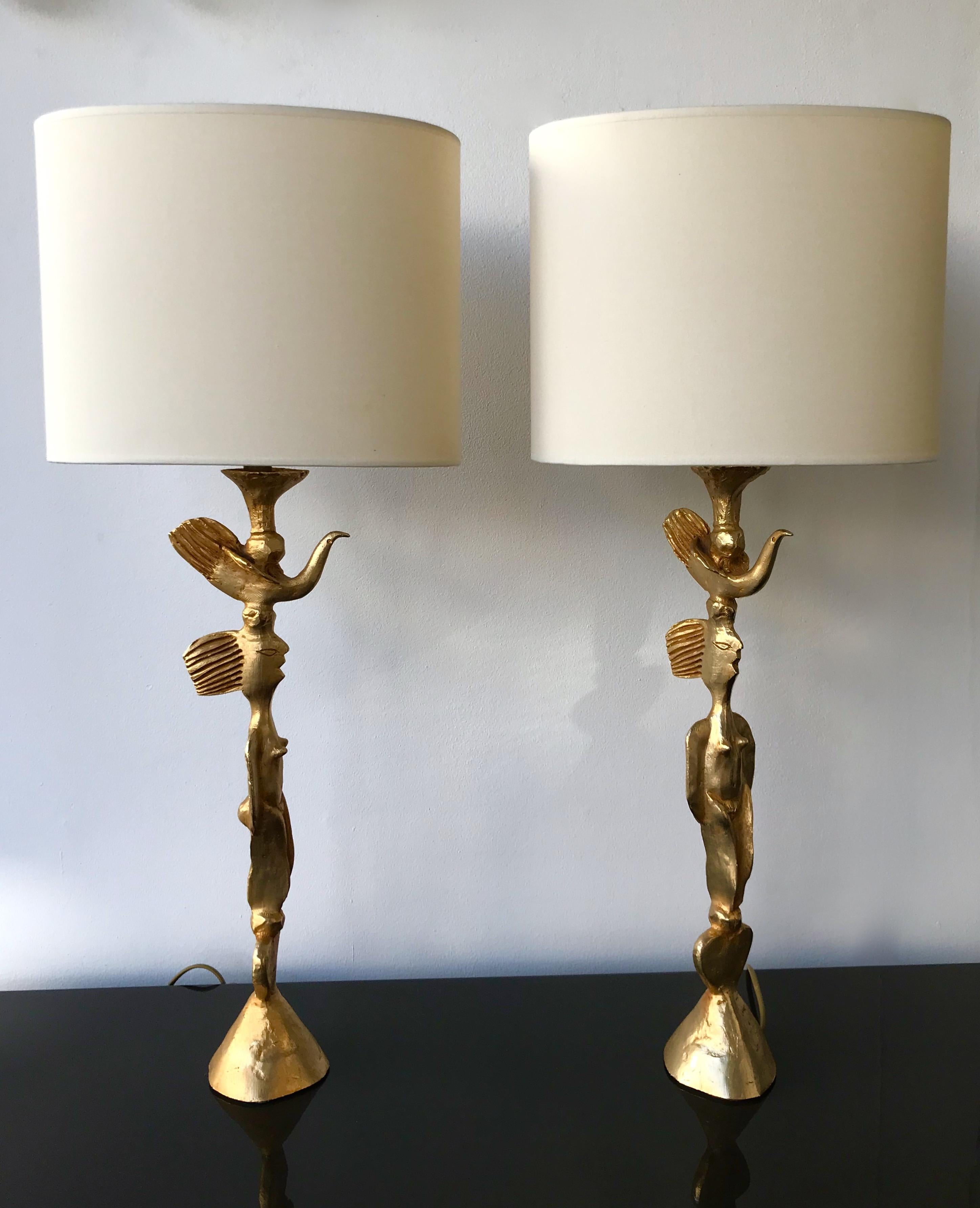 Metal Pair of Gilt Bronze Lamps by Pierre Casenove for Fondica, France, 1980s