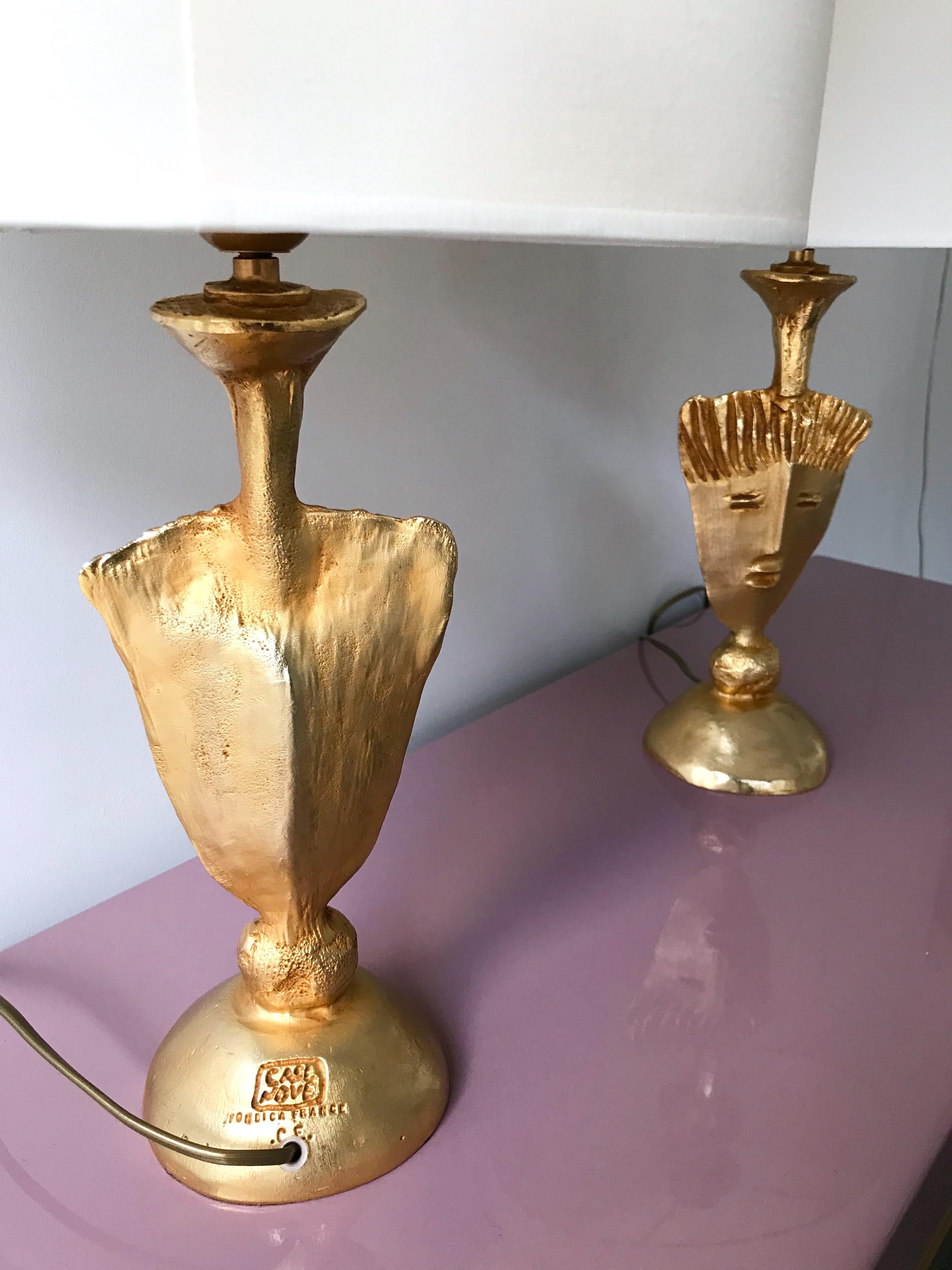 Pair of Gilt Bronze Lamps by Pierre Casenove for Fondica, France, 1980s 3