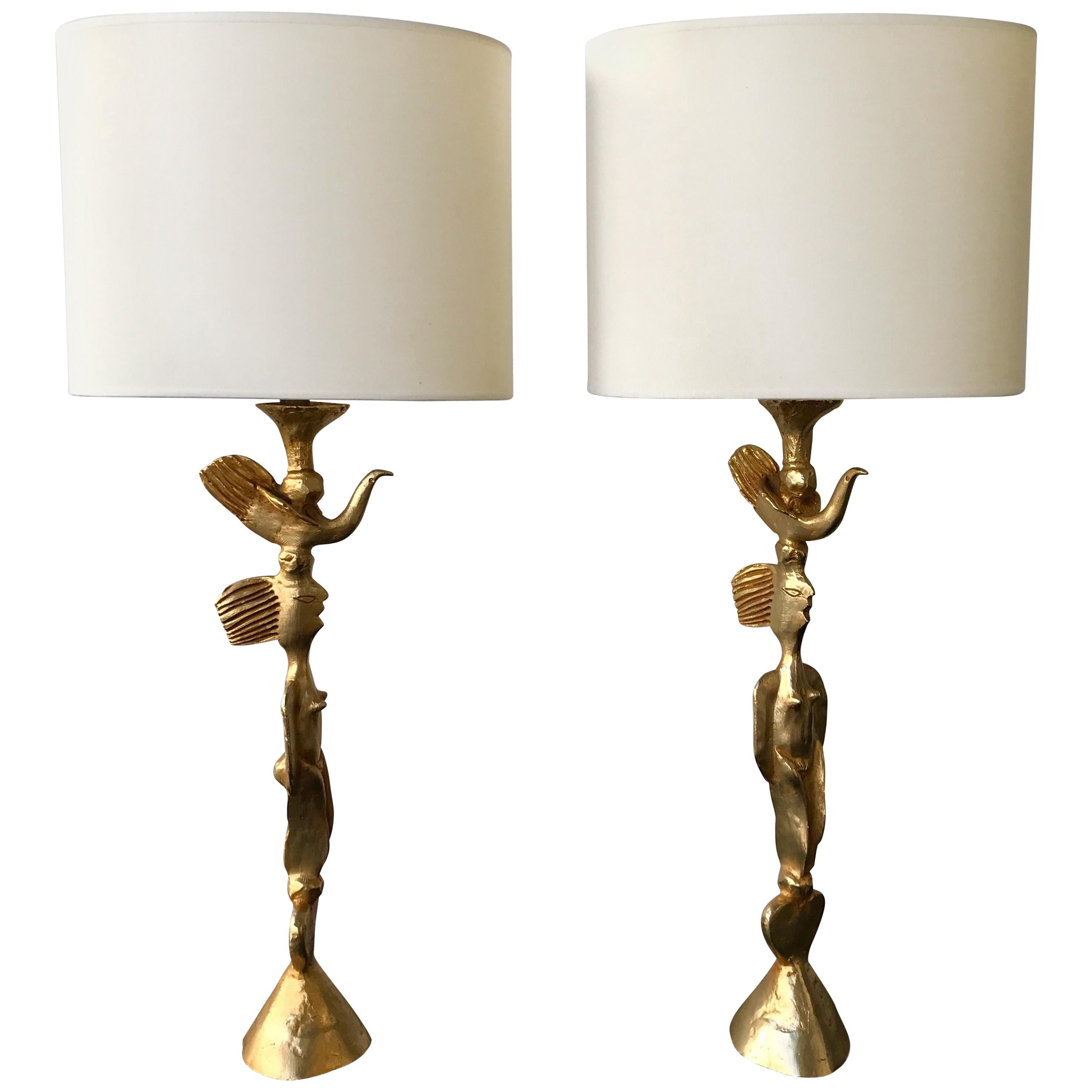 Paire de lampes en bronze doré par Pierre Casenove pour Fondica:: France:: 1980