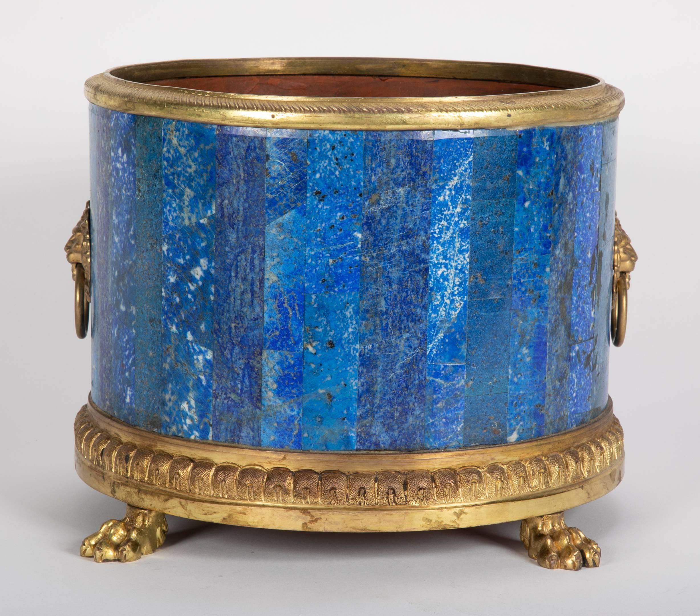 Pair of Gilt Bronze Lapis Lazuli Planters In Good Condition In Stamford, CT