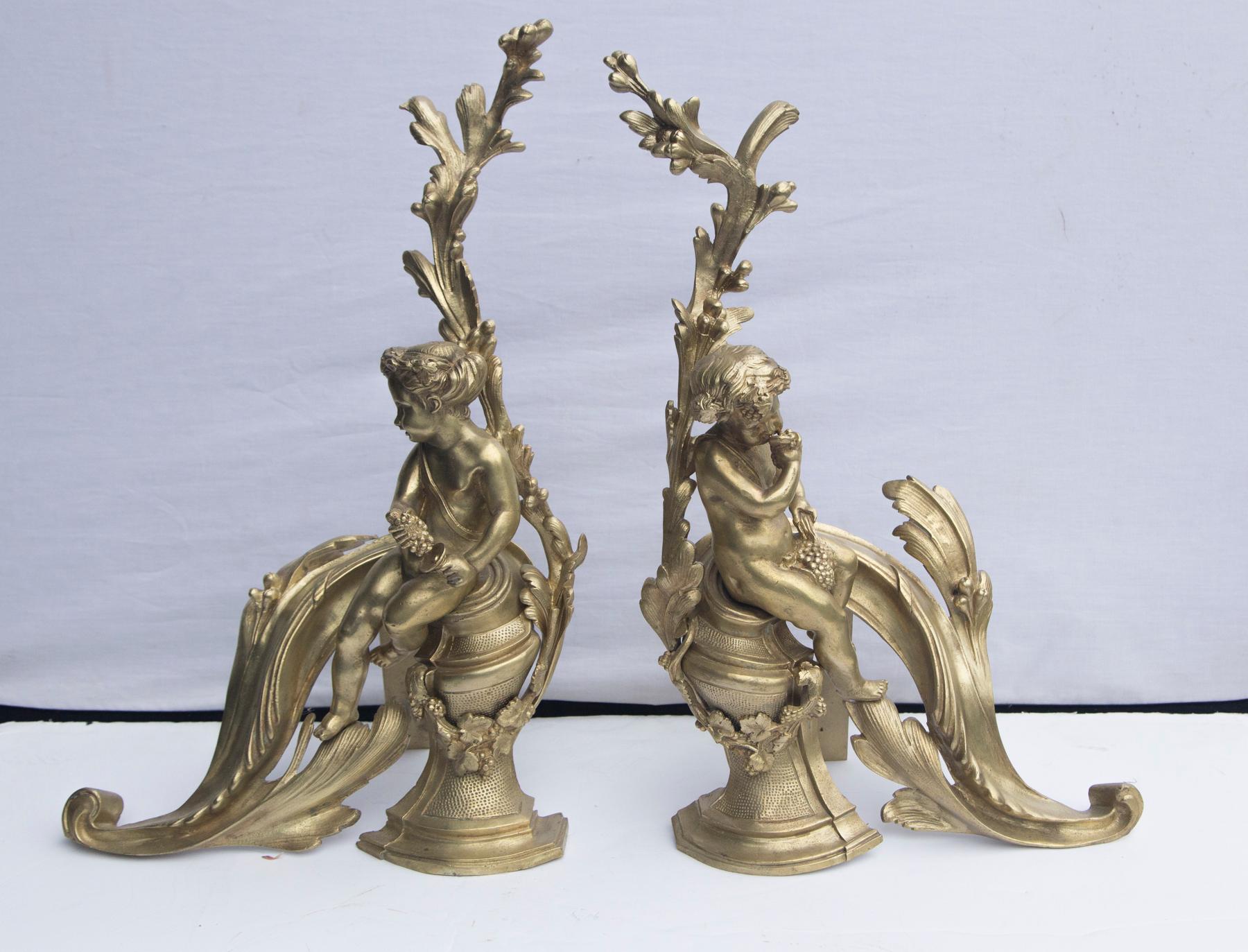 French Pair of Gilt Bronze Louis XV Style Chenets For Sale
