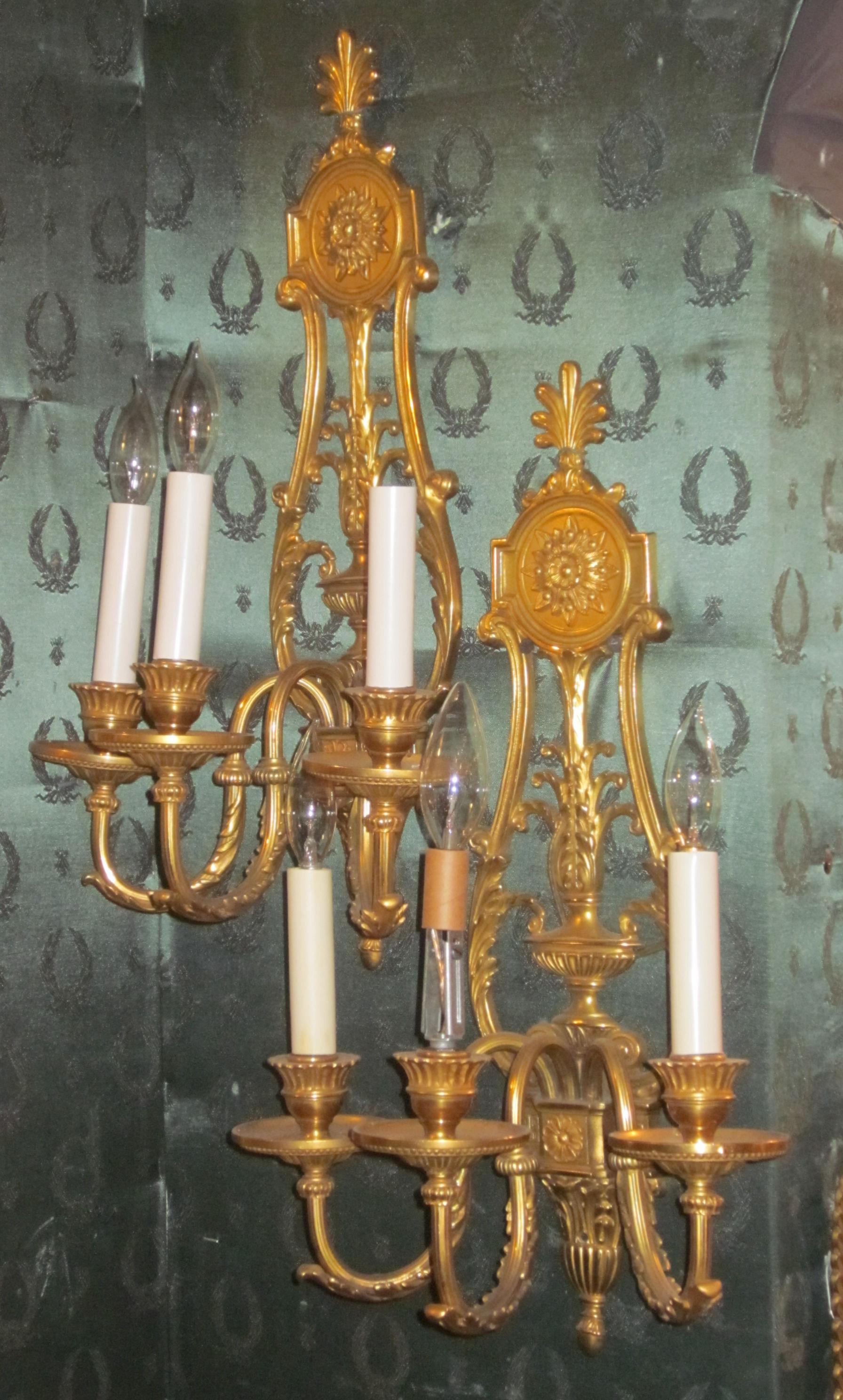 Pair of Gilt Bronze Louis XVI Style Three-Arm Wall Light Sconces For Sale 5