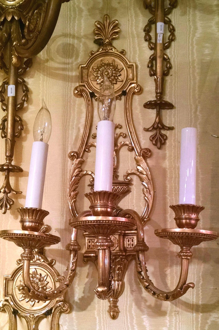 Pair of Gilt Bronze Louis XVI Style Three-Arm Wall Light Sconces For ...
