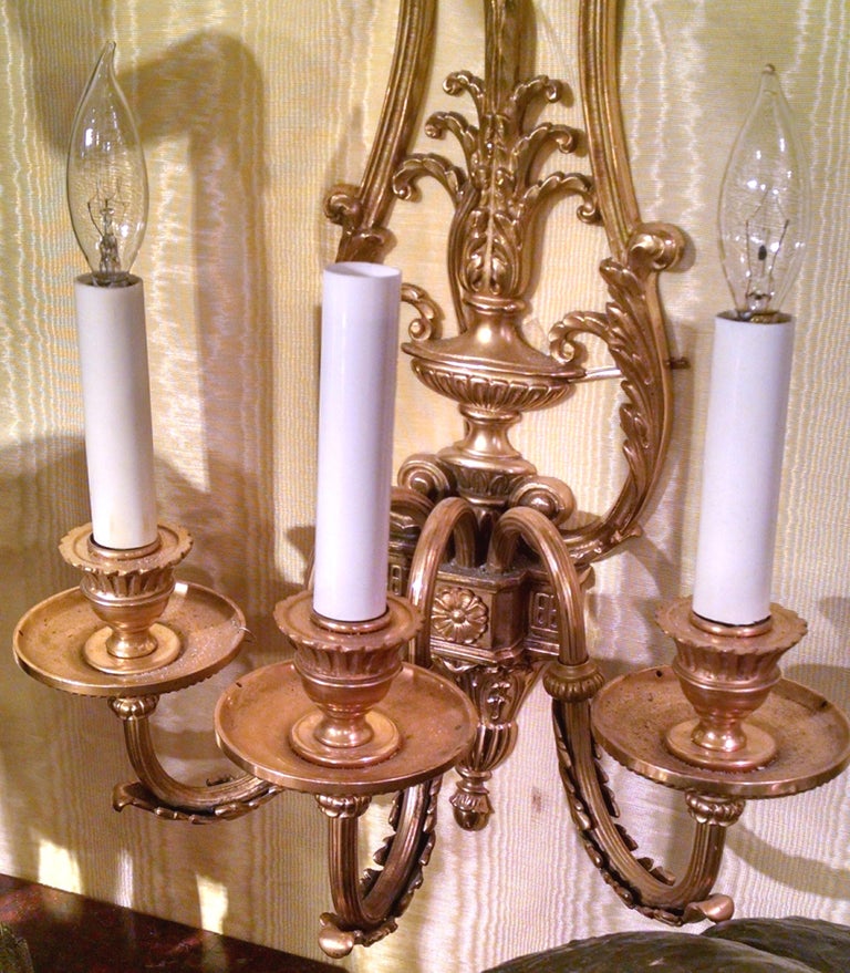 Pair of Gilt Bronze Louis XVI Style Three-Arm Wall Light Sconces For ...