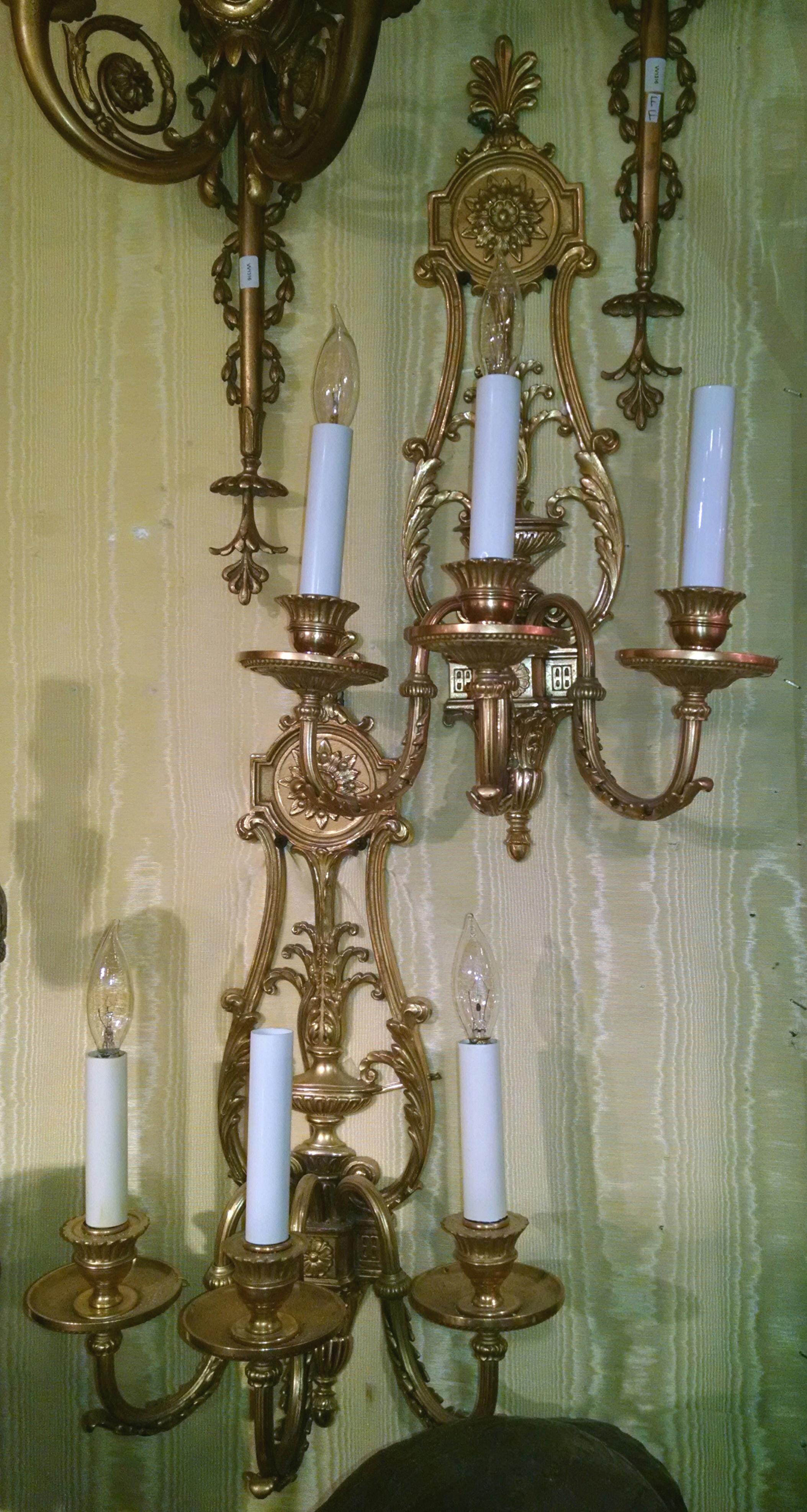 Pair of Gilt Bronze Louis XVI Style Three-Arm Wall Light Sconces For Sale 2