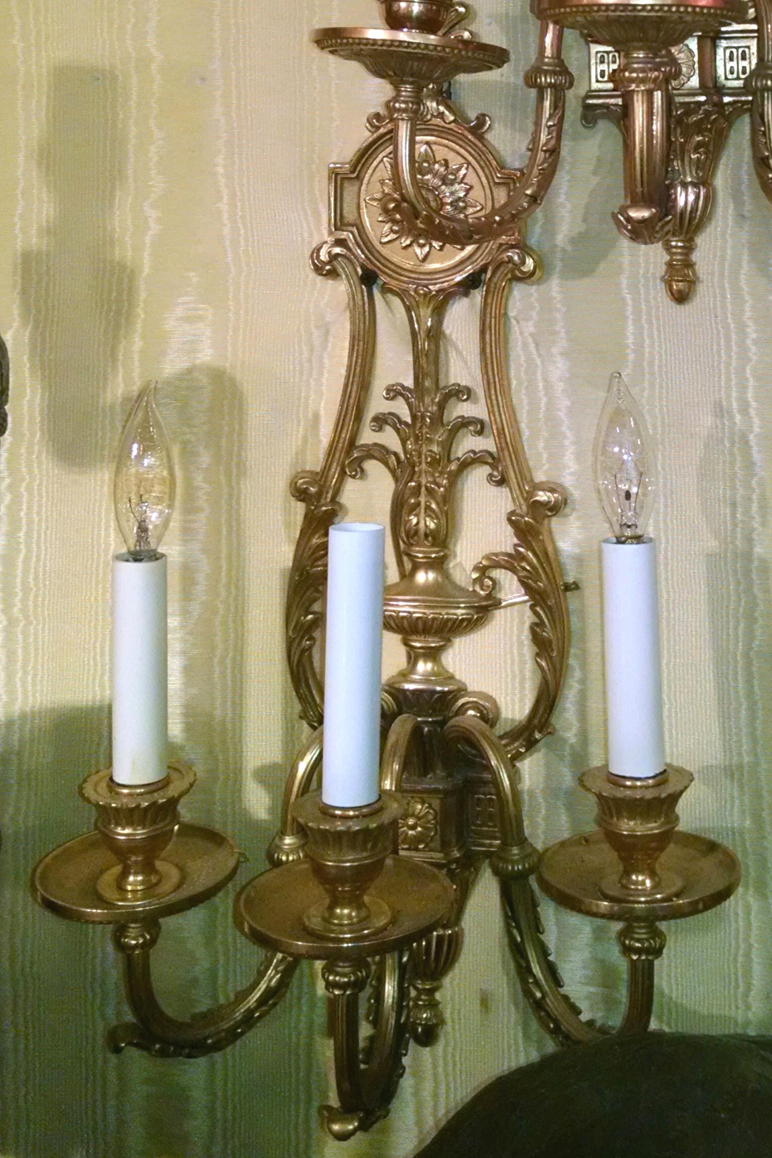 Pair of Gilt Bronze Louis XVI Style Three-Arm Wall Light Sconces For Sale 3