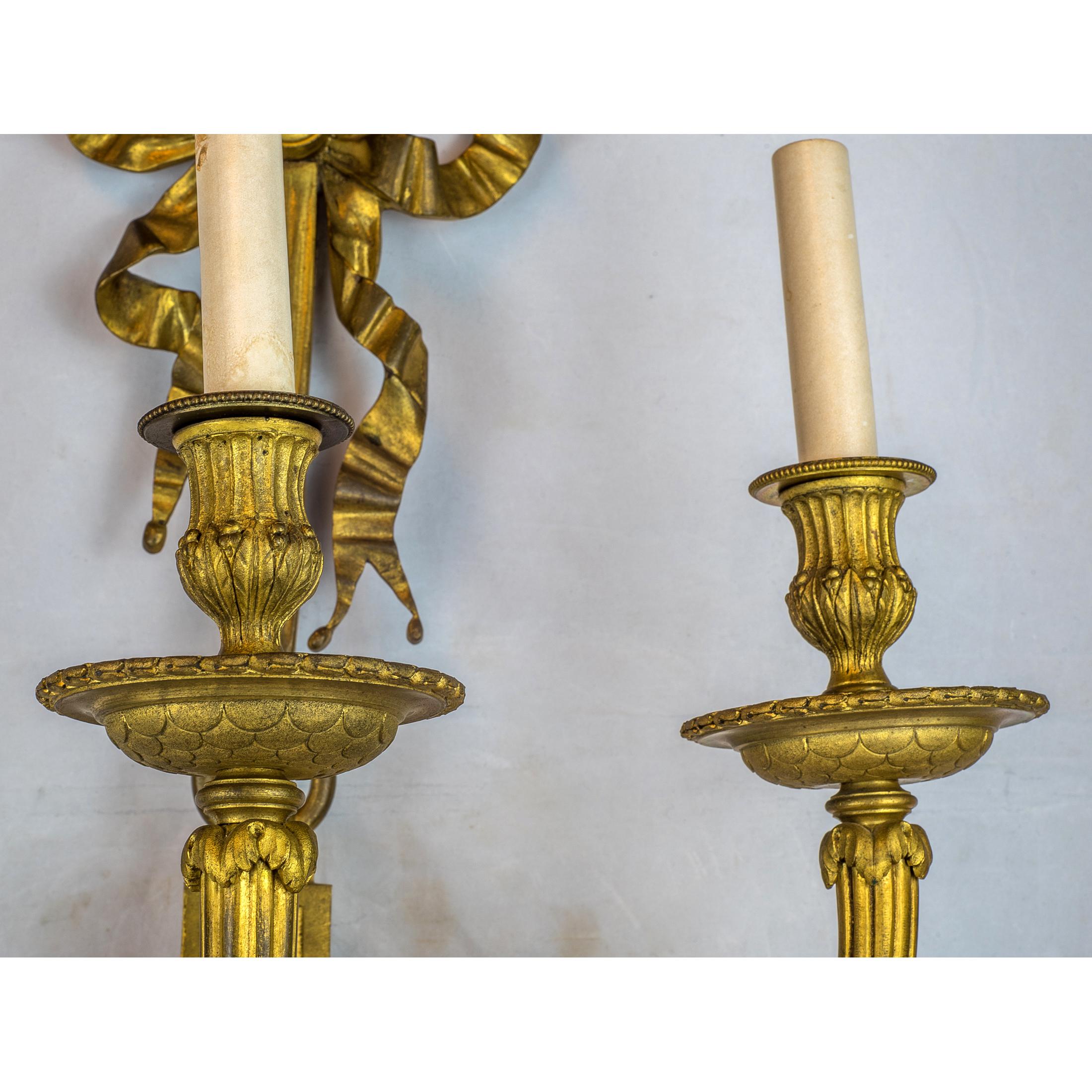 Pair of Gilt Bronze Louis XVI Style Three-Light Wall Light Sconces 1