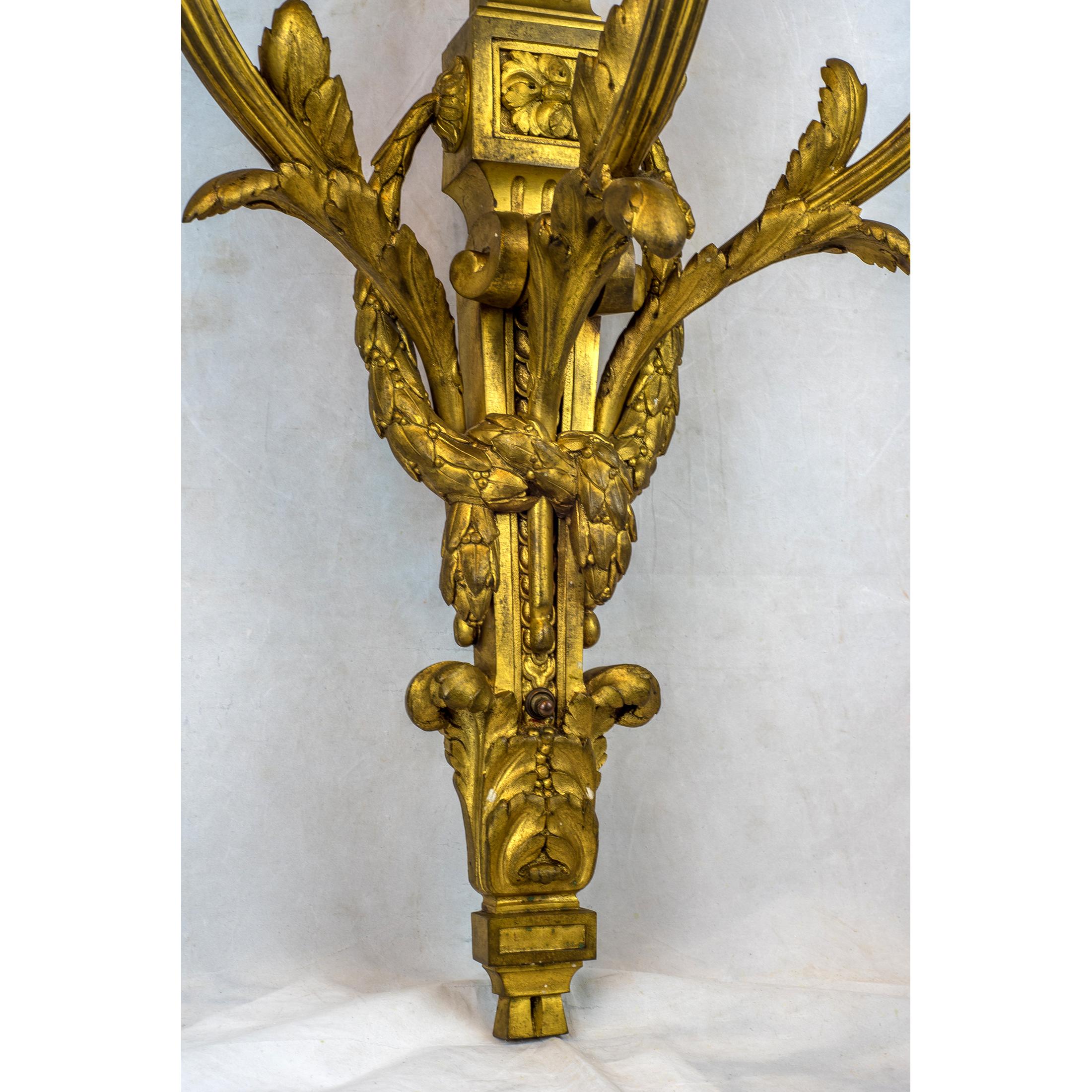 Pair of Gilt Bronze Louis XVI Style Three-Light Wall Light Sconces 2