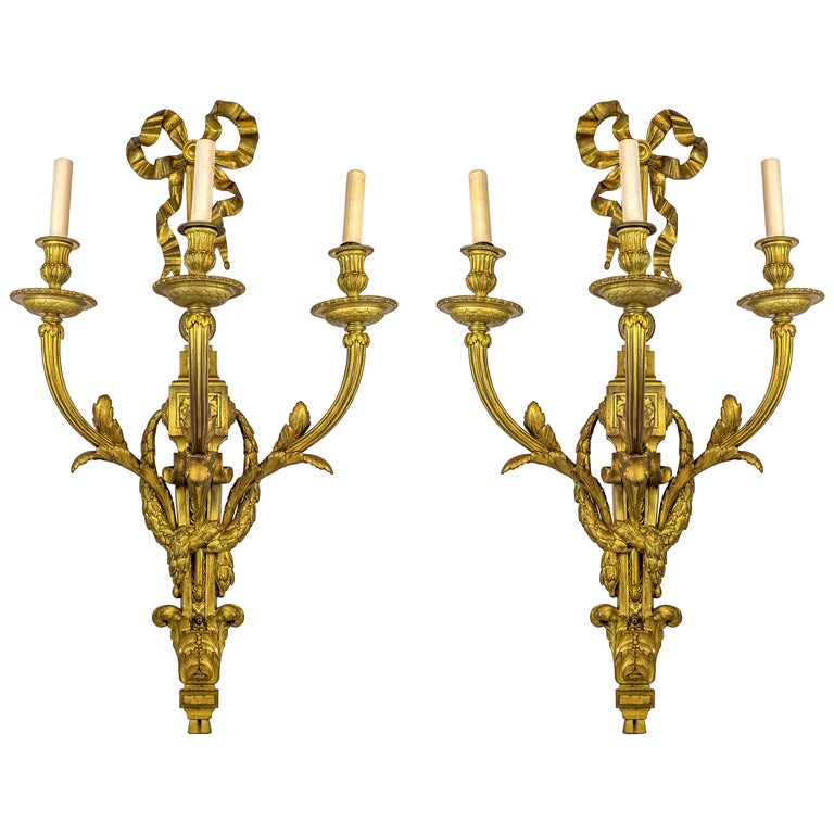 Pair of Gilt Bronze Louis XVI Style Three-Light Wall Light Sconces For ...