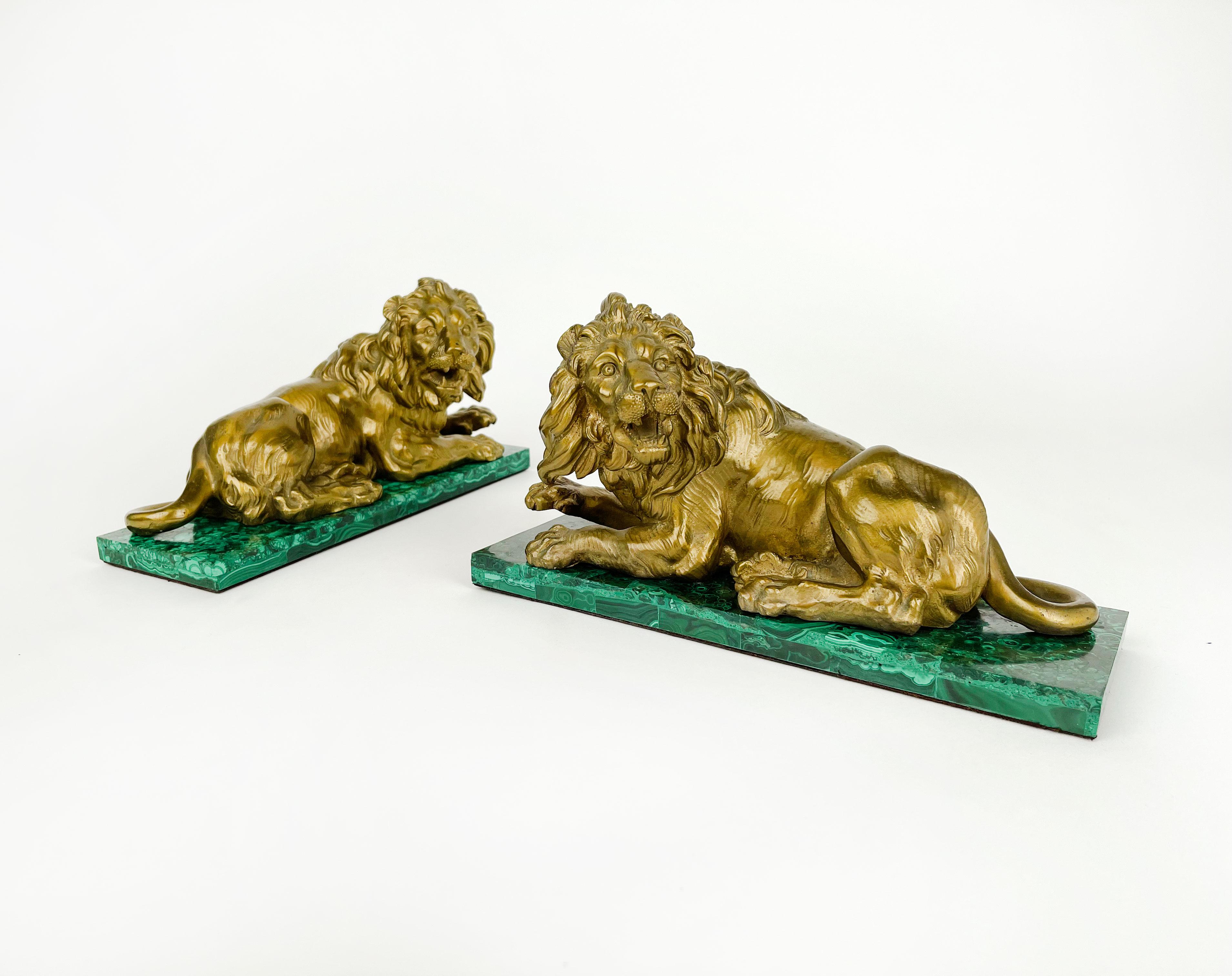 Louis XV Pair of Gilt Bronze &Malachite Figures of Lions, France, circa 1850 For Sale