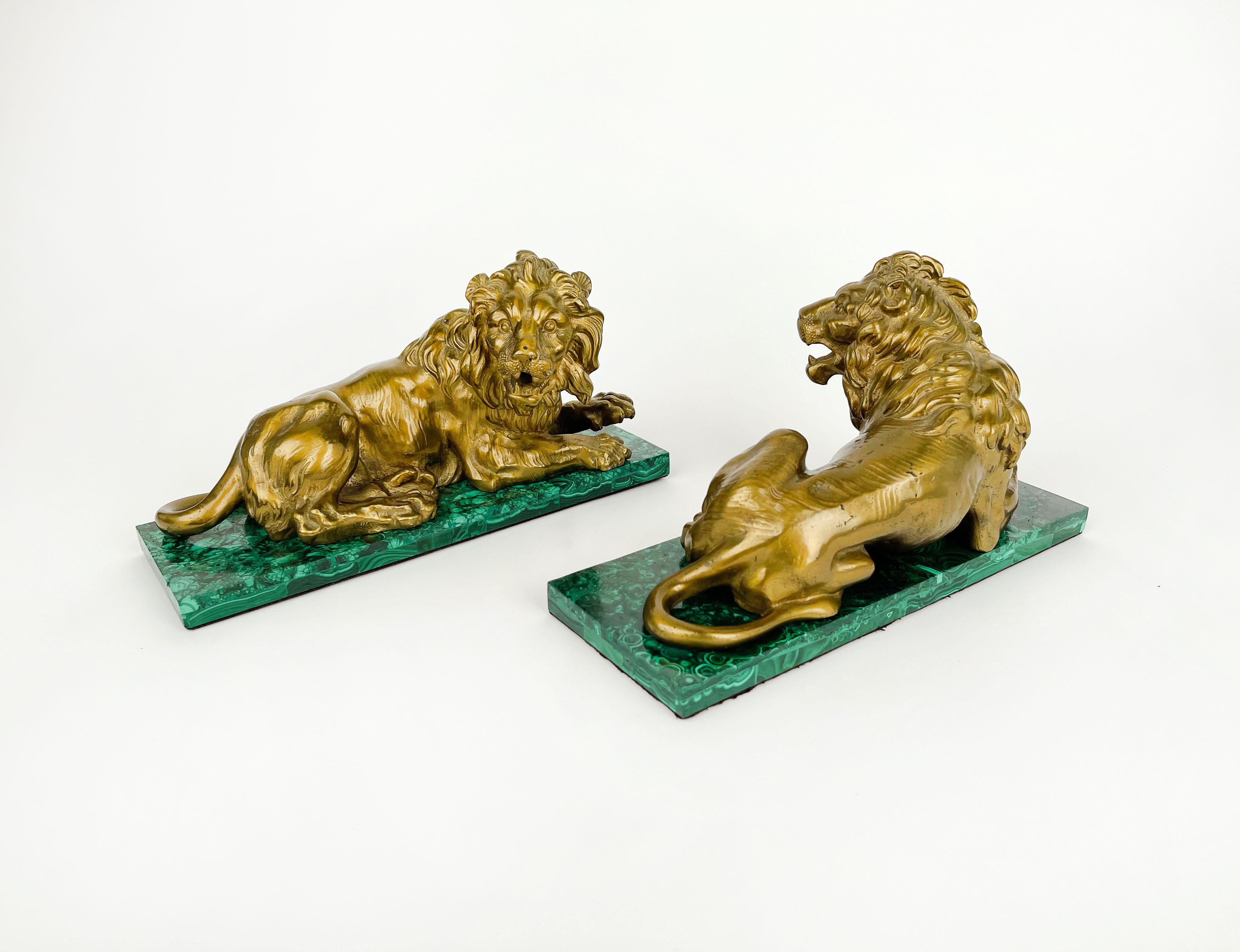 French Pair of Gilt Bronze &Malachite Figures of Lions, France, circa 1850 For Sale