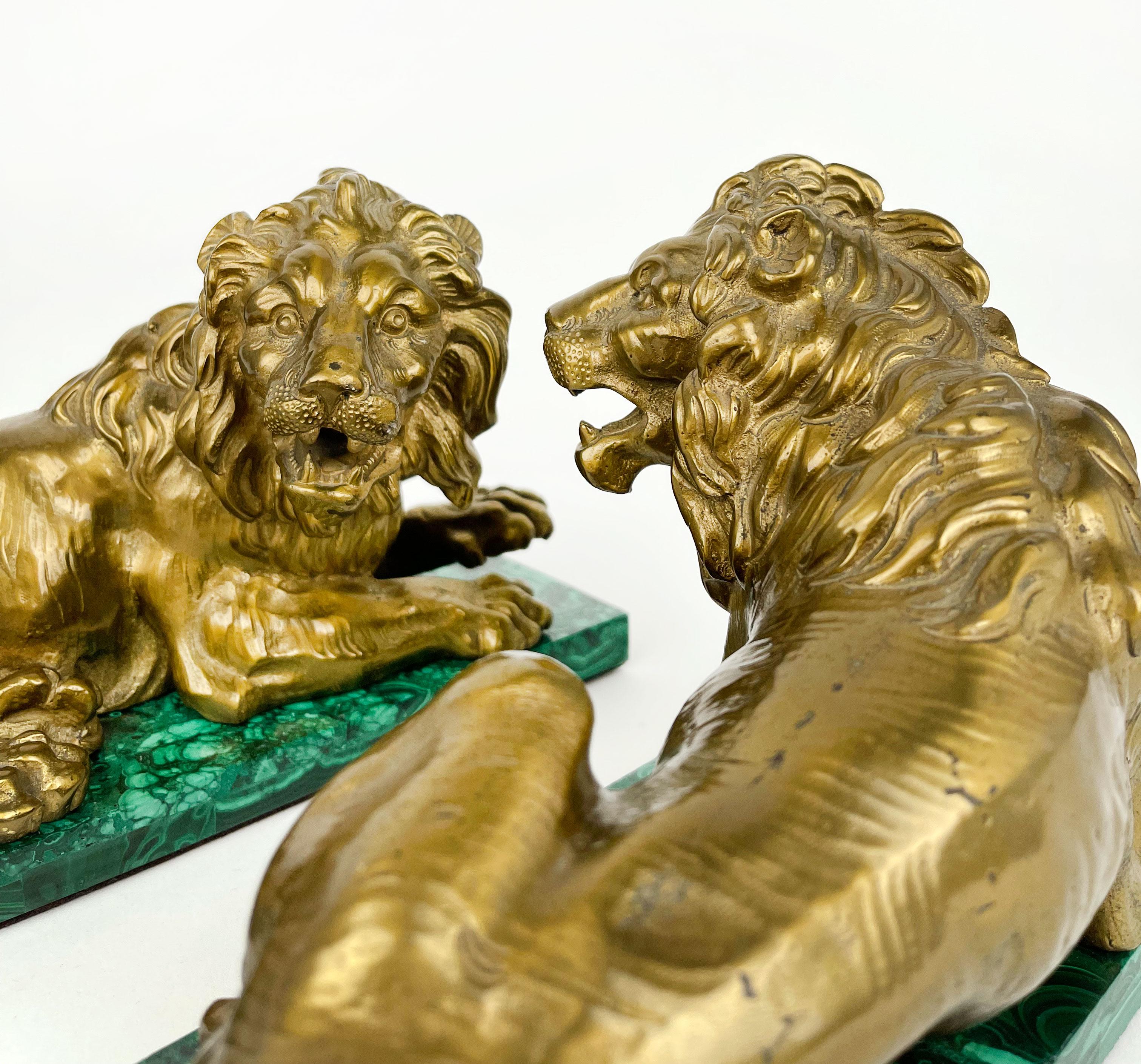 Cast Pair of Gilt Bronze &Malachite Figures of Lions, France, circa 1850 For Sale
