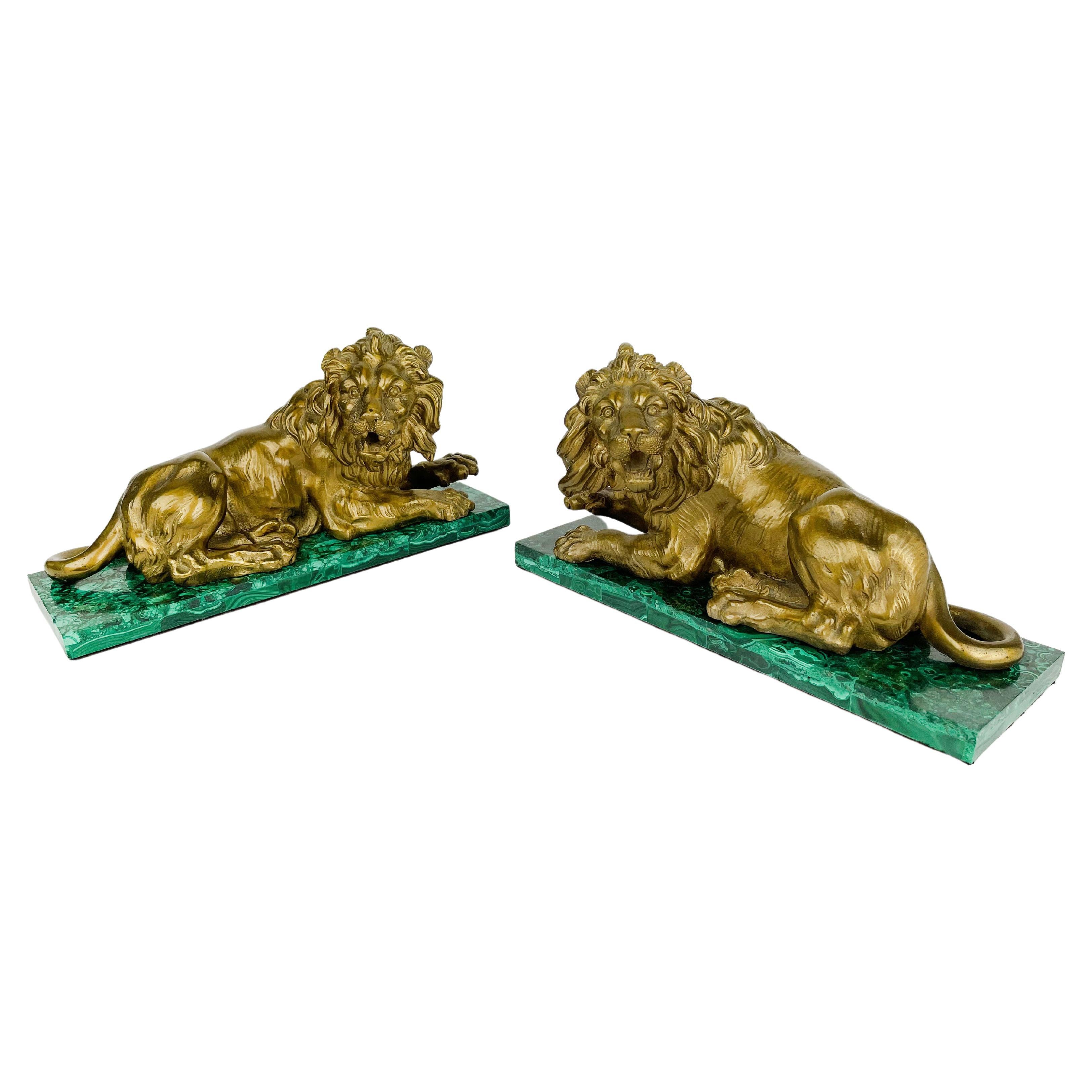 Pair of Gilt Bronze &Malachite Figures of Lions, France, circa 1850 For Sale