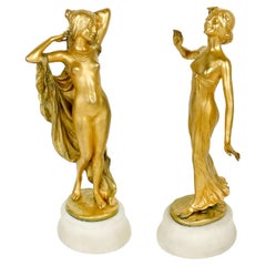 Pair Of Gilt Bronze & Marble Semi Nude Sculptures By Rudolf Podany, France, 1910