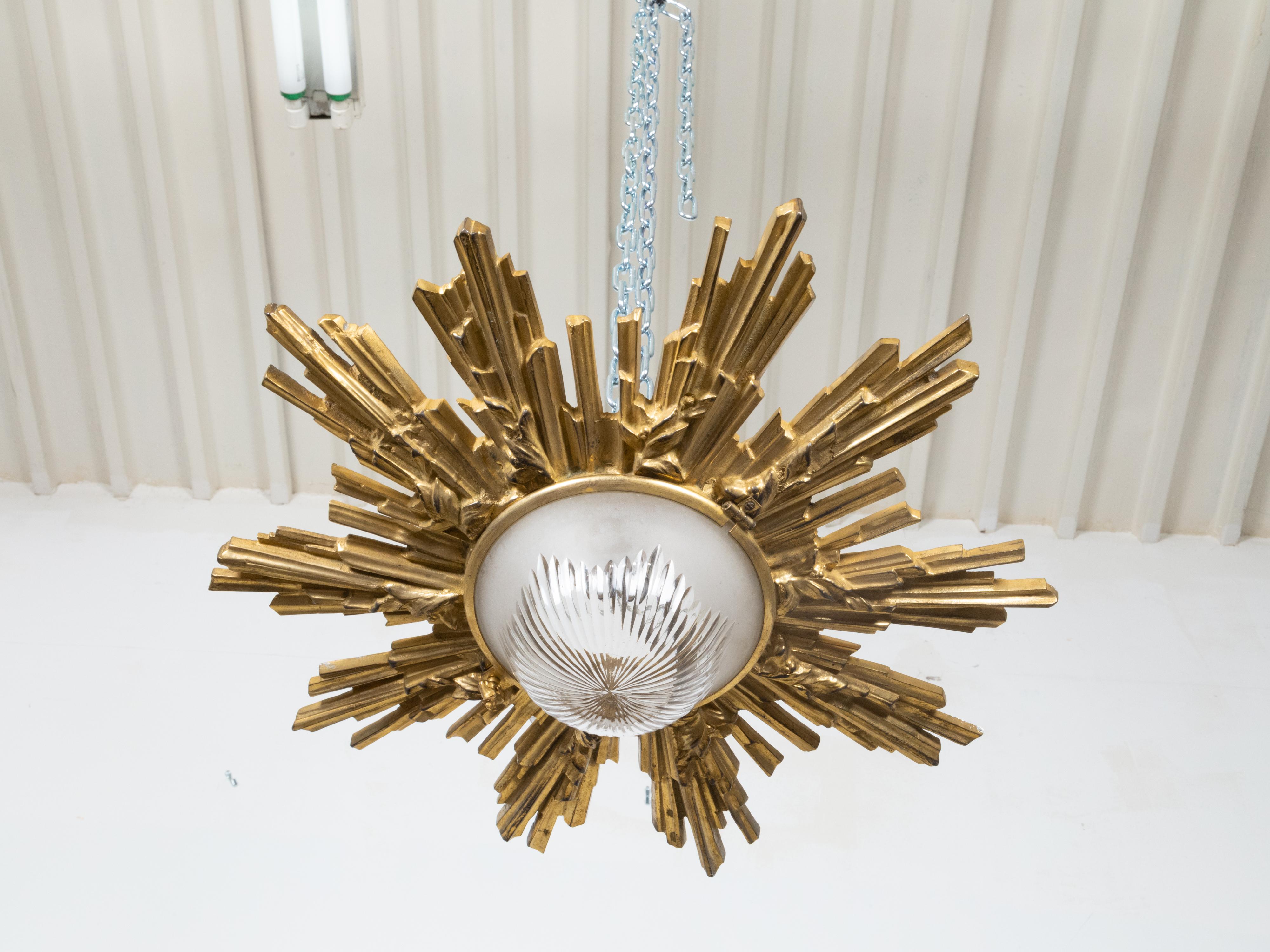 Pair of Gilt Bronze Midcentury Sunburst Light Fixtures with Frosted Glass For Sale 4