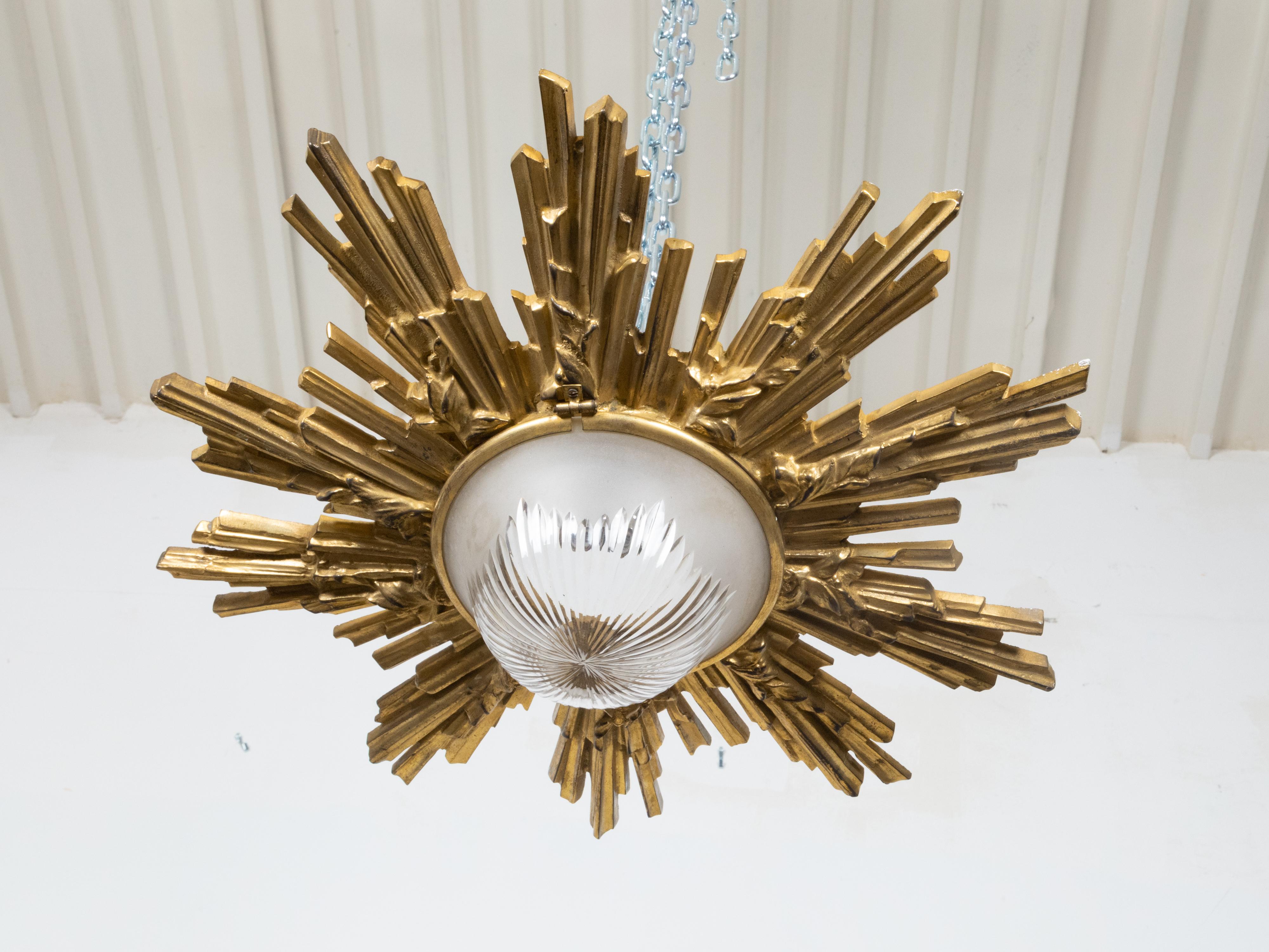 Pair of Gilt Bronze Midcentury Sunburst Light Fixtures with Frosted Glass For Sale 5