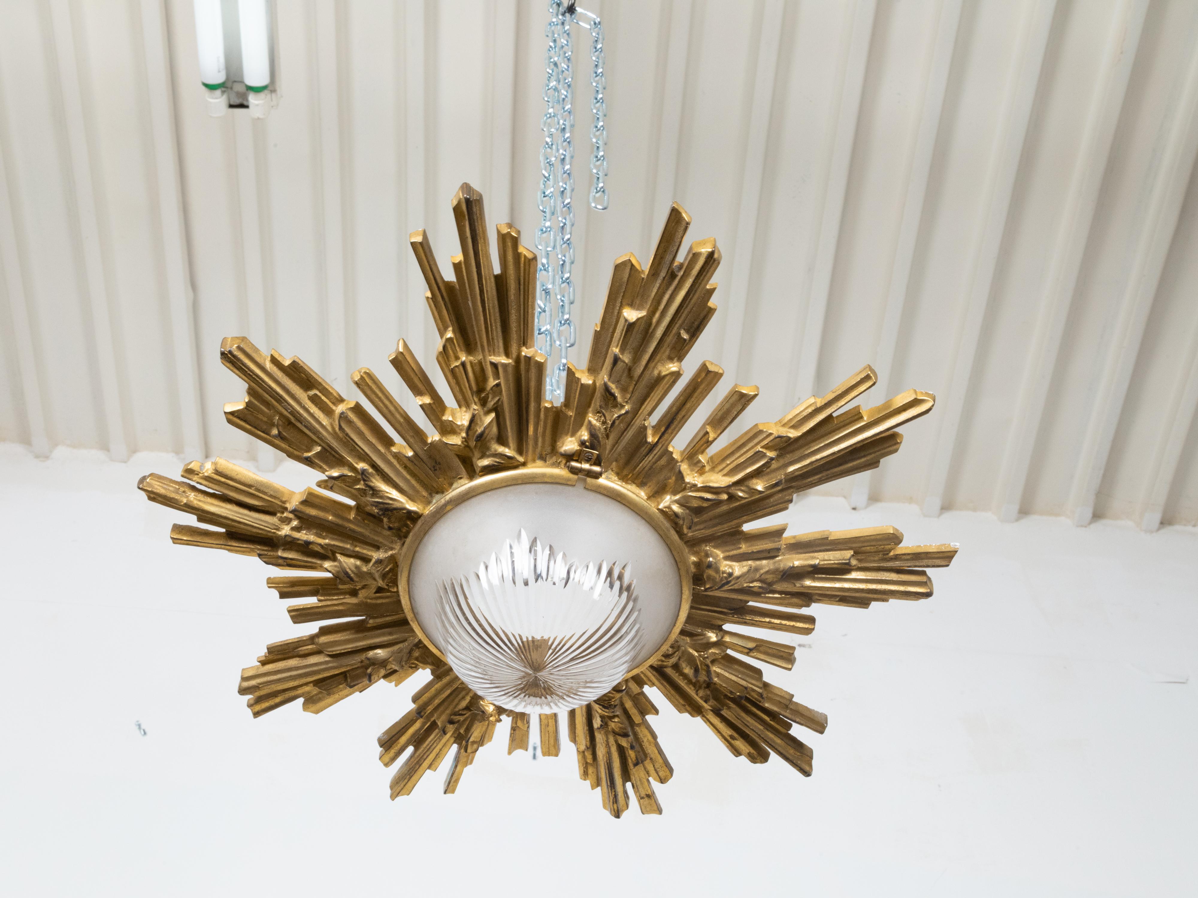 Pair of Gilt Bronze Midcentury Sunburst Light Fixtures with Frosted Glass For Sale 6