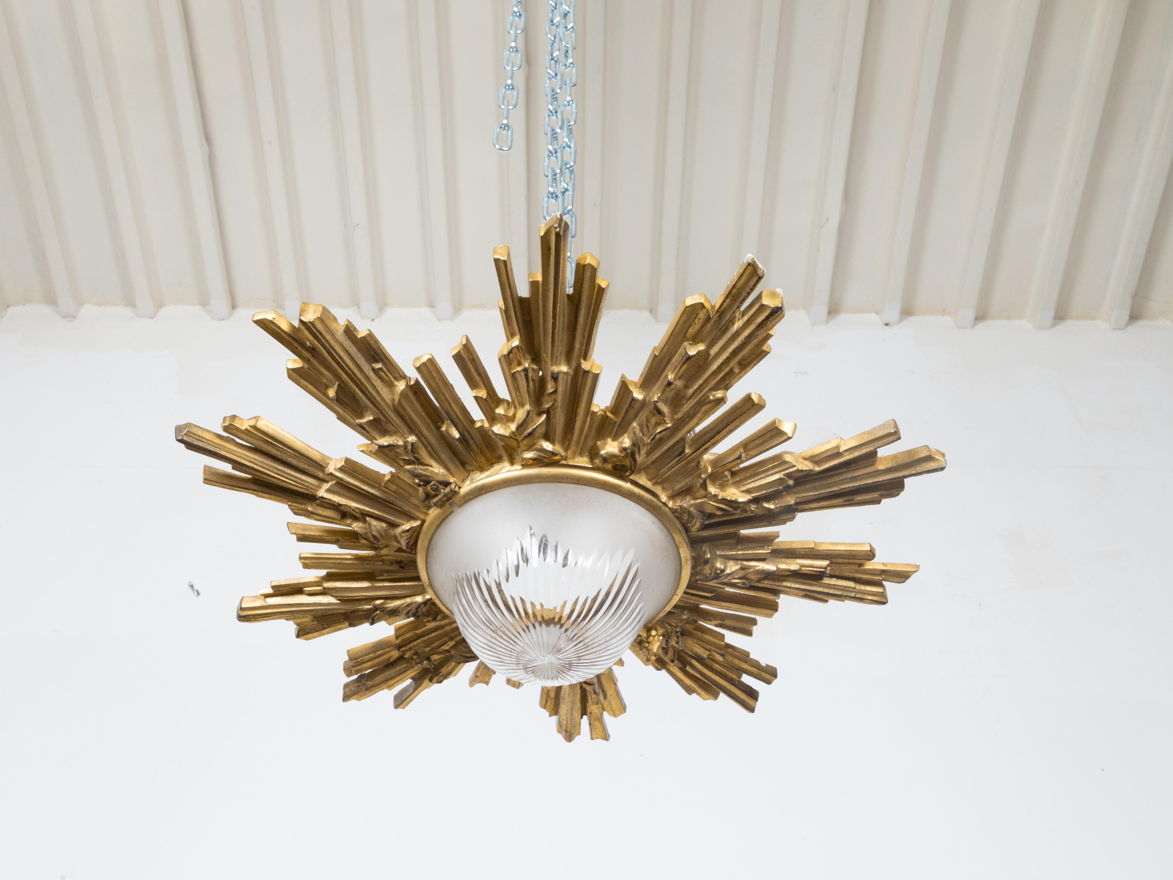 Pair of Gilt Bronze Midcentury Sunburst Light Fixtures with Frosted Glass For Sale 7
