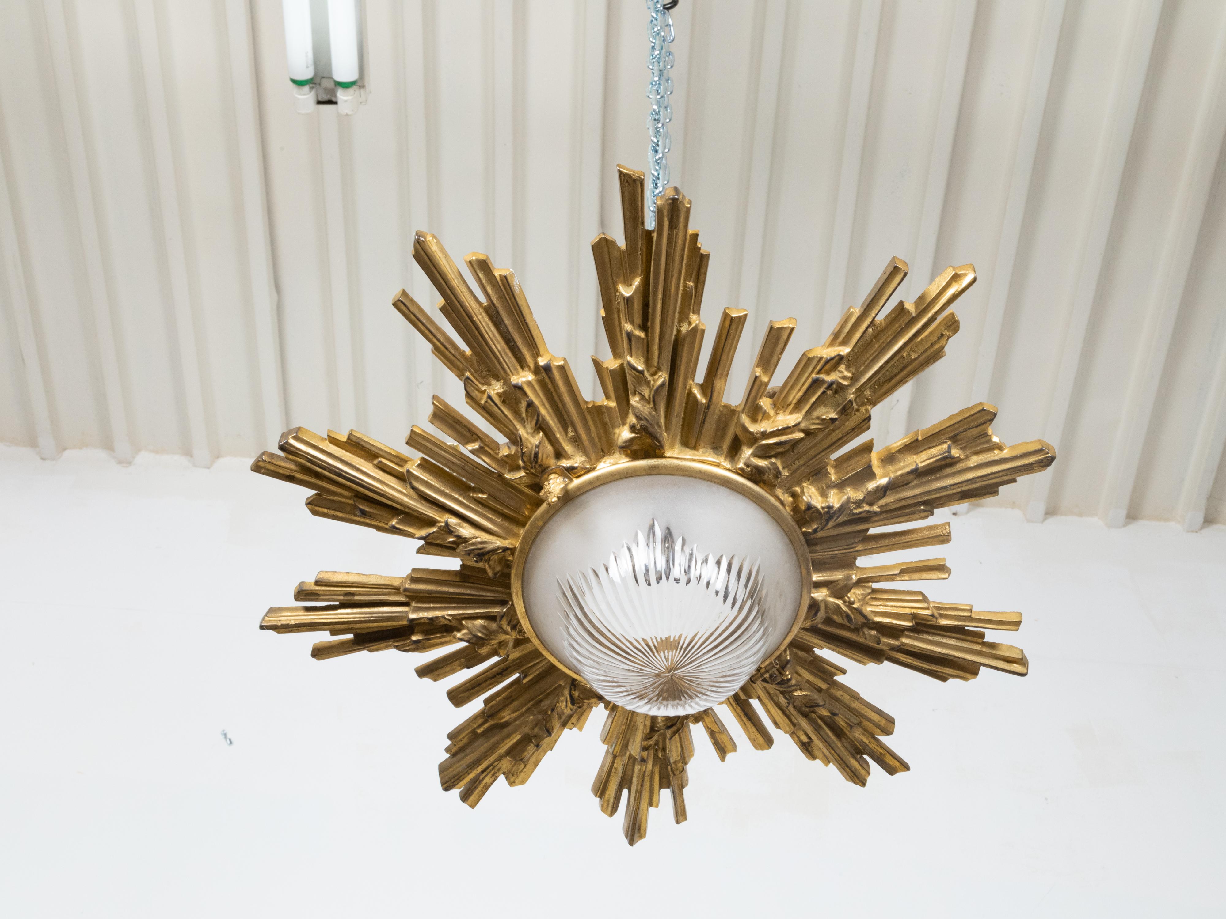 Pair of Gilt Bronze Midcentury Sunburst Light Fixtures with Frosted Glass For Sale 1