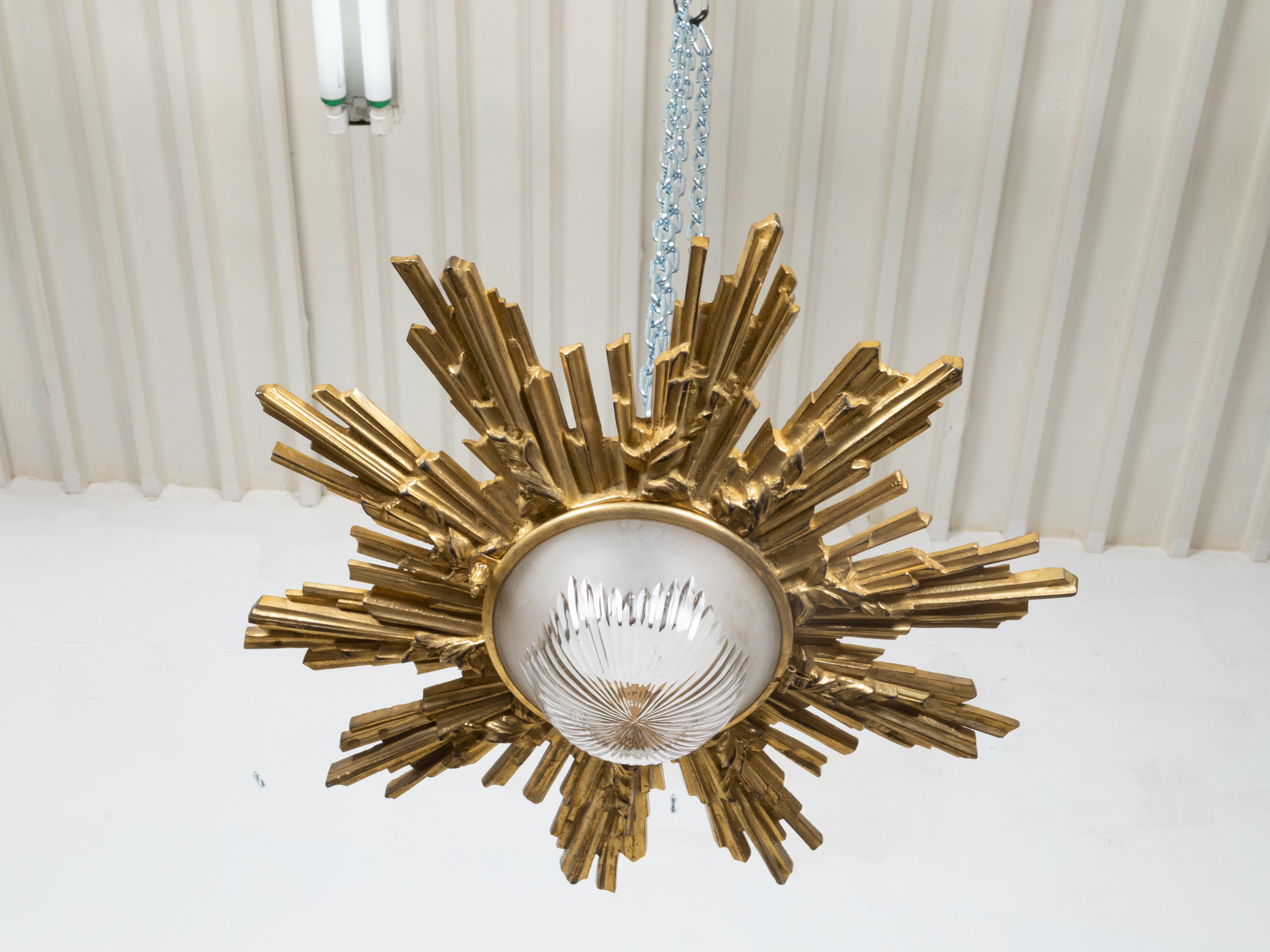 Pair of Gilt Bronze Midcentury Sunburst Light Fixtures with Frosted Glass For Sale 2