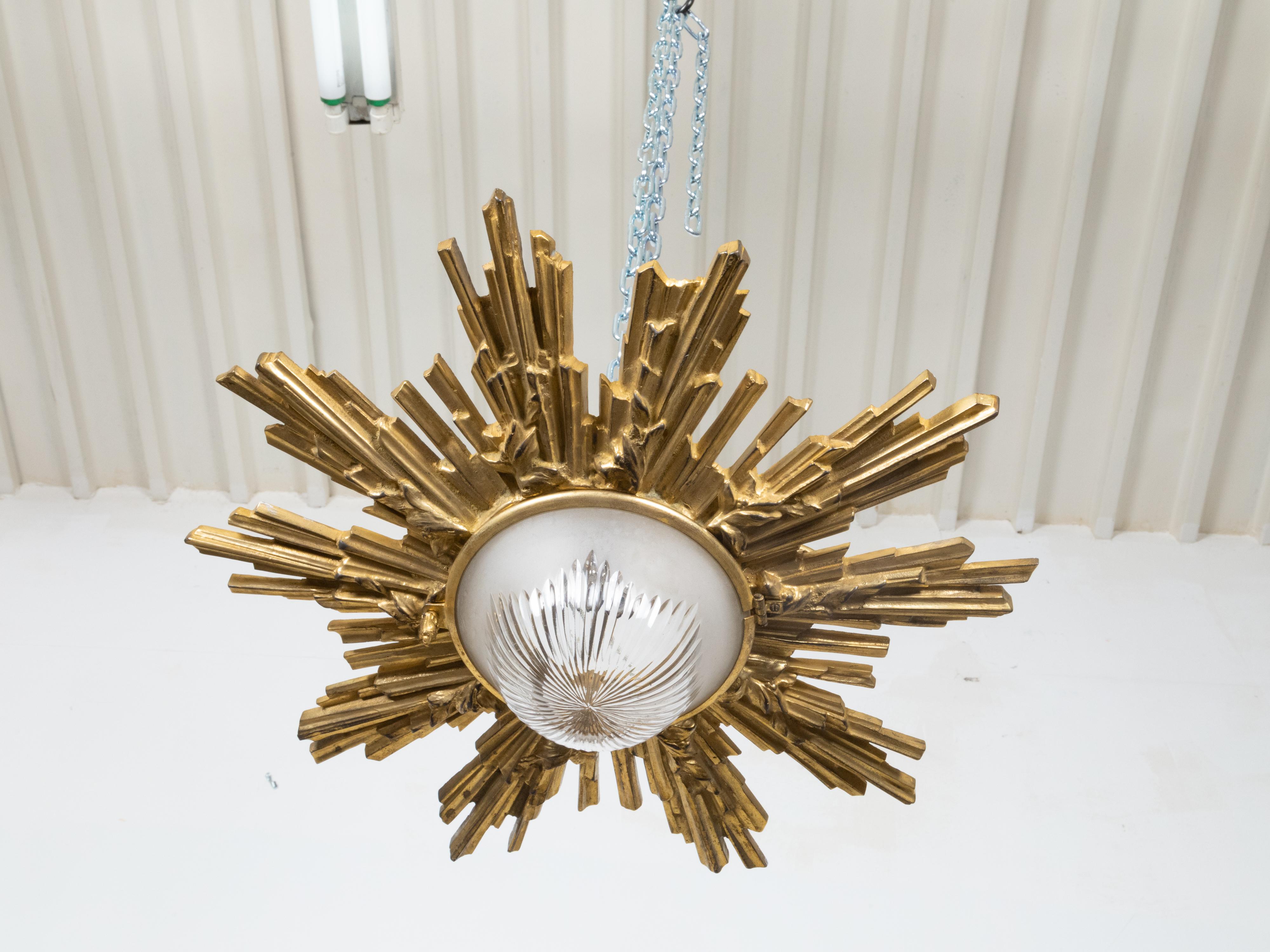 Pair of Gilt Bronze Midcentury Sunburst Light Fixtures with Frosted Glass For Sale 3