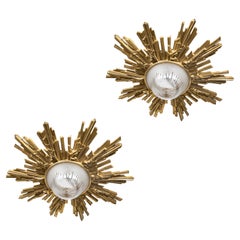 Pair of Gilt Bronze Midcentury Sunburst Light Fixtures with Frosted Glass