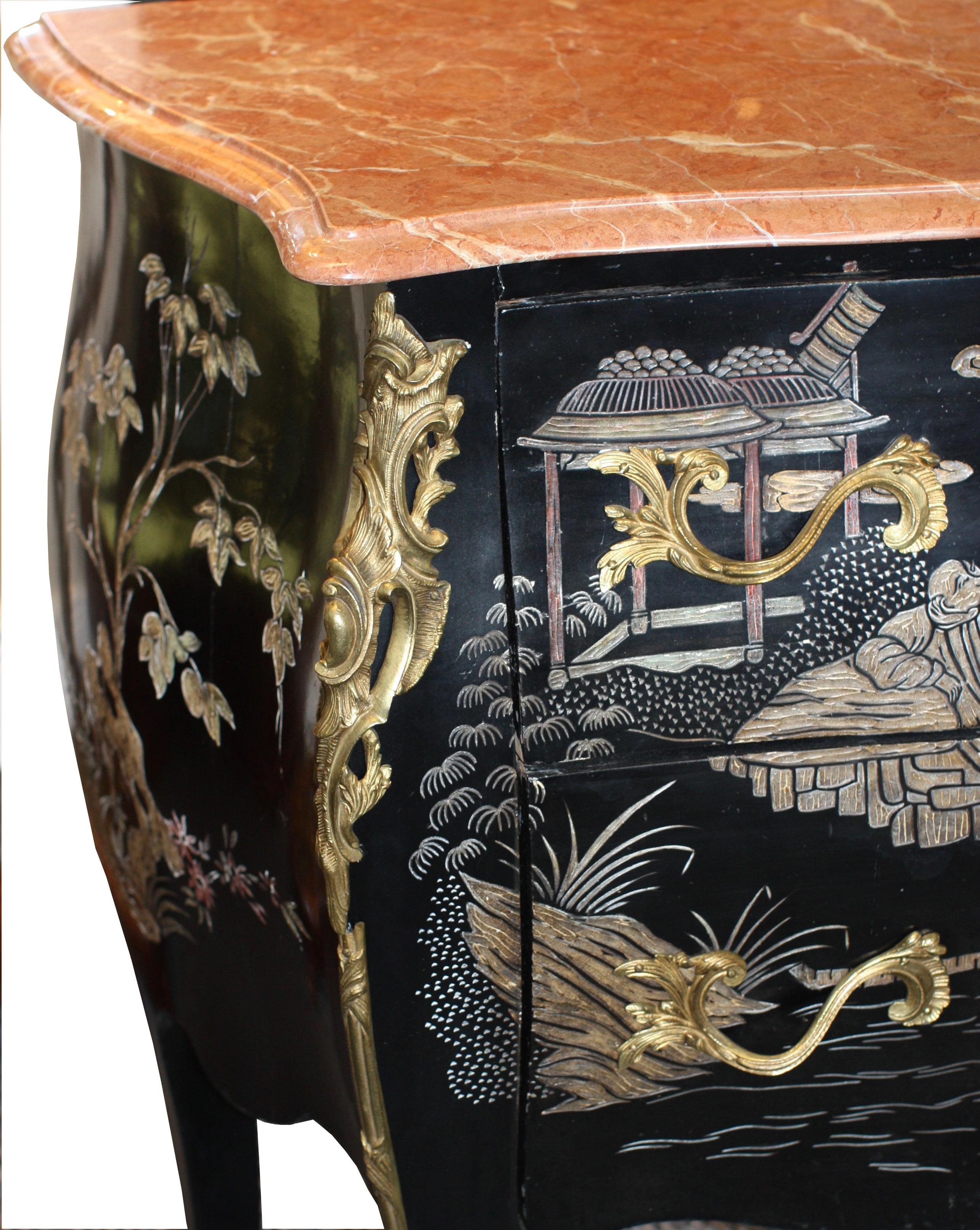 Pair of Gilt Bronze Mounted Black and Polychrome Lacquered Chinoiserie Commodes In Good Condition In West Palm Beach, FL