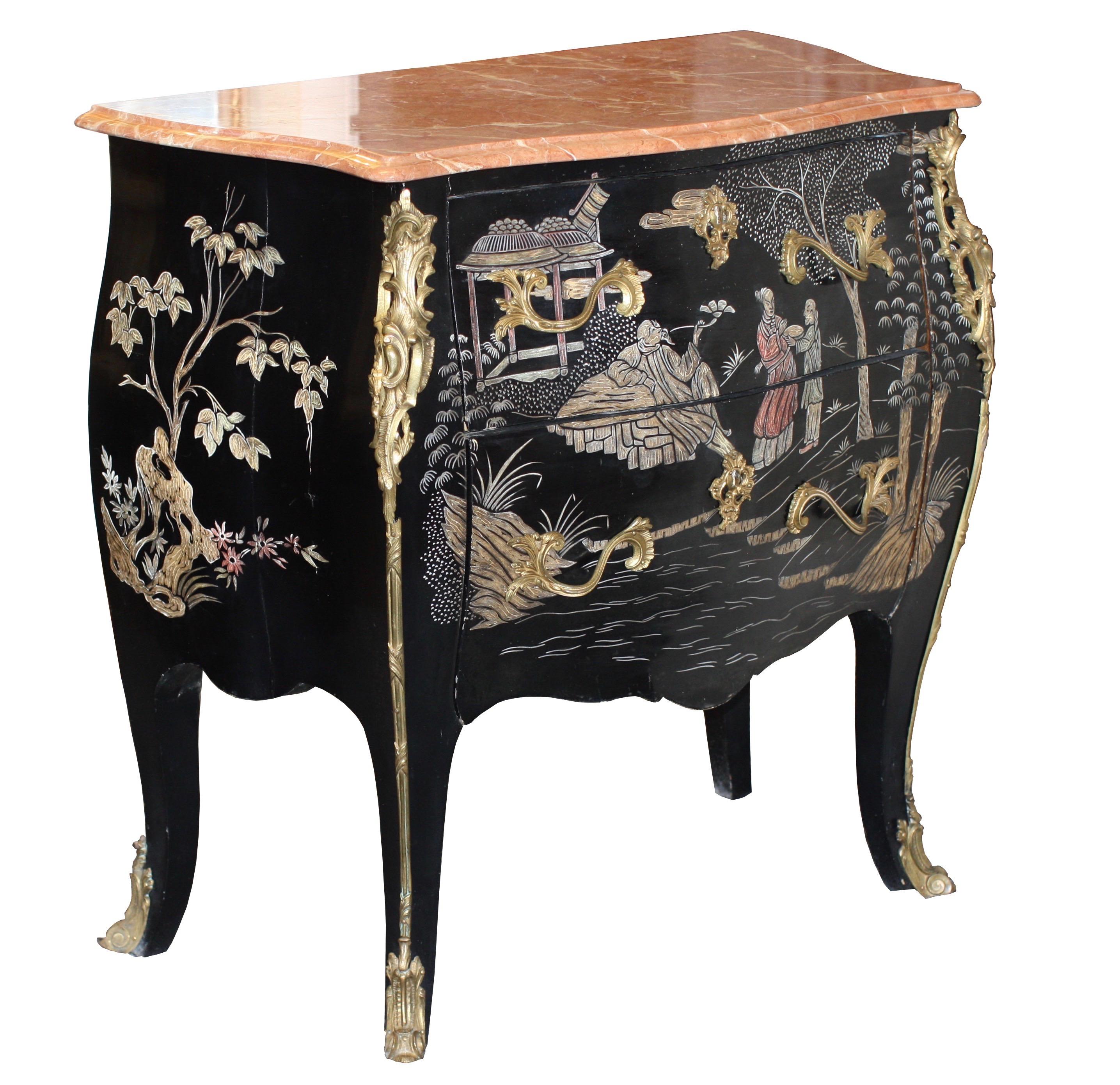 19th Century Pair of Gilt Bronze Mounted Black and Polychrome Lacquered Chinoiserie Commodes