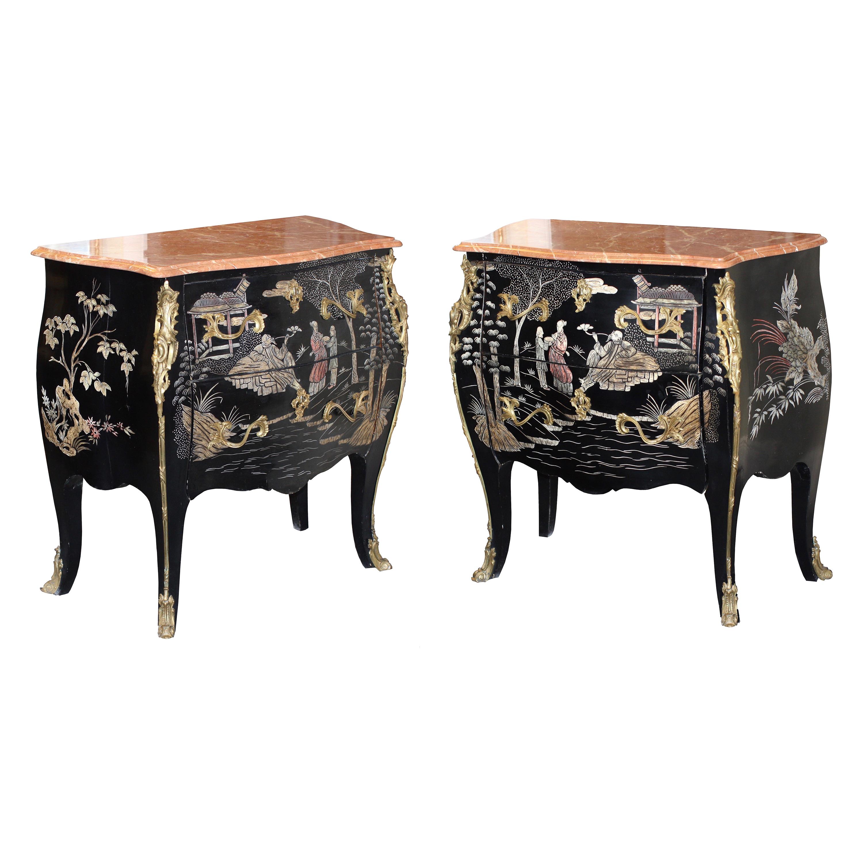 Pair of Gilt Bronze Mounted Black and Polychrome Lacquered Chinoiserie Commodes