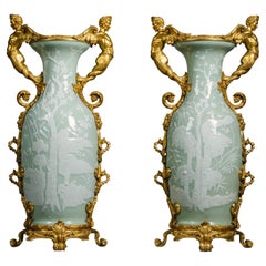 Pair of Gilt-Bronze Mounted Chinese Celadon-Ground Vases