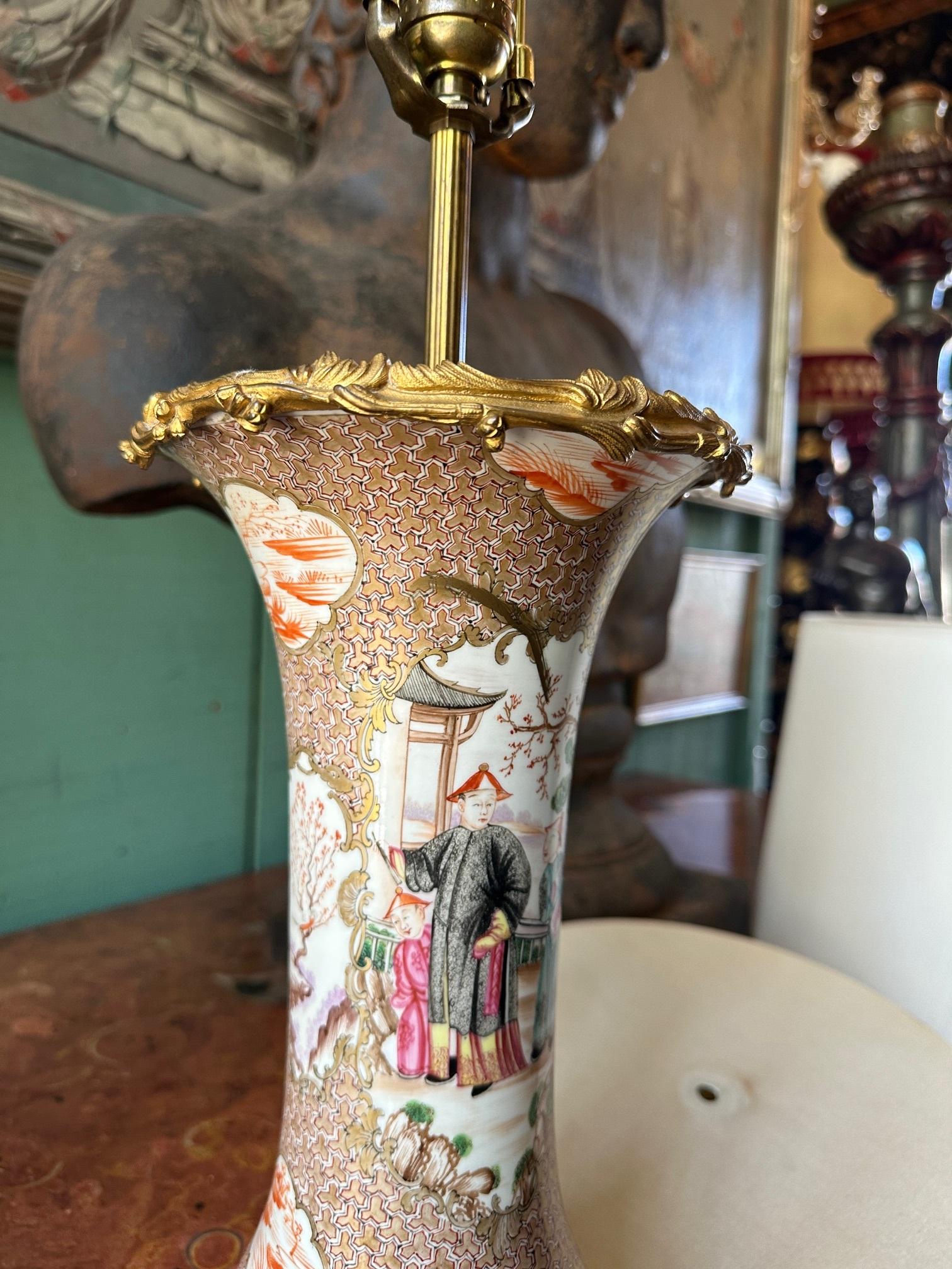 Pair of Gilt Bronze Mounted Chinese Porcelain Vases Table lamps & Shade Antique For Sale 2