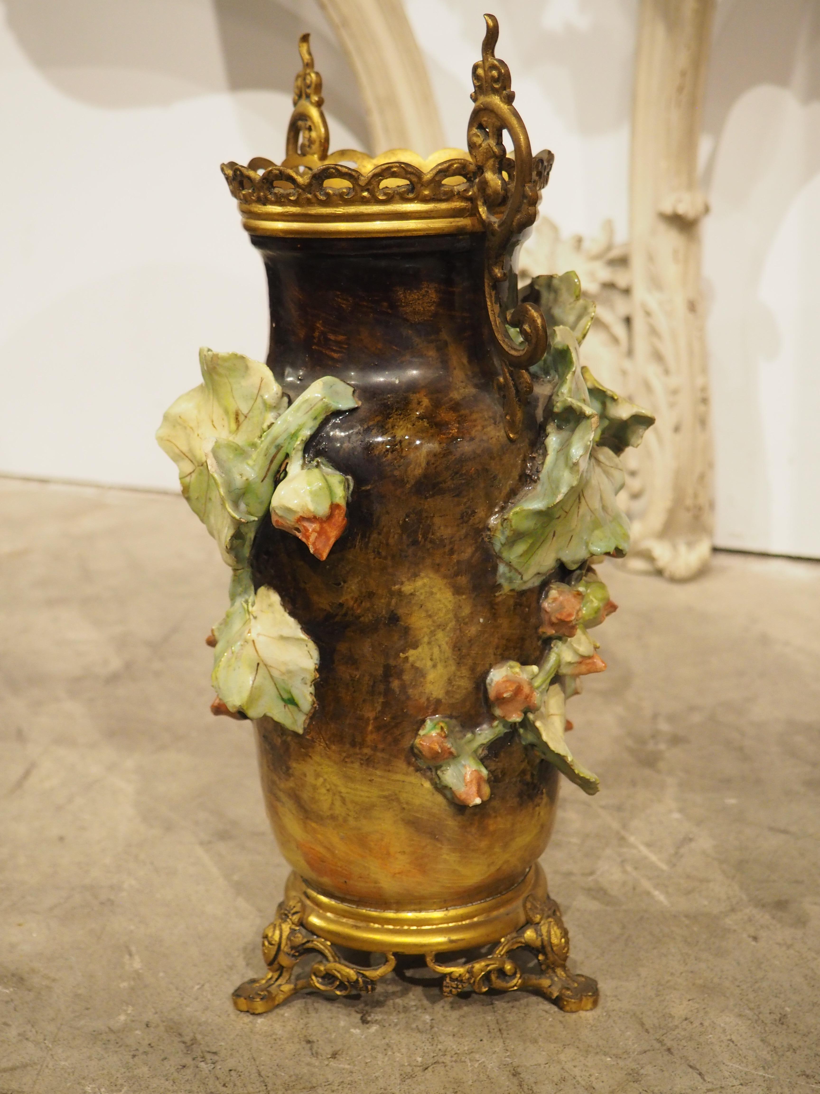 Pair of Gilt Bronze Mounted French Gros-Relief Barbotine Vases, Circa 1880 For Sale 5