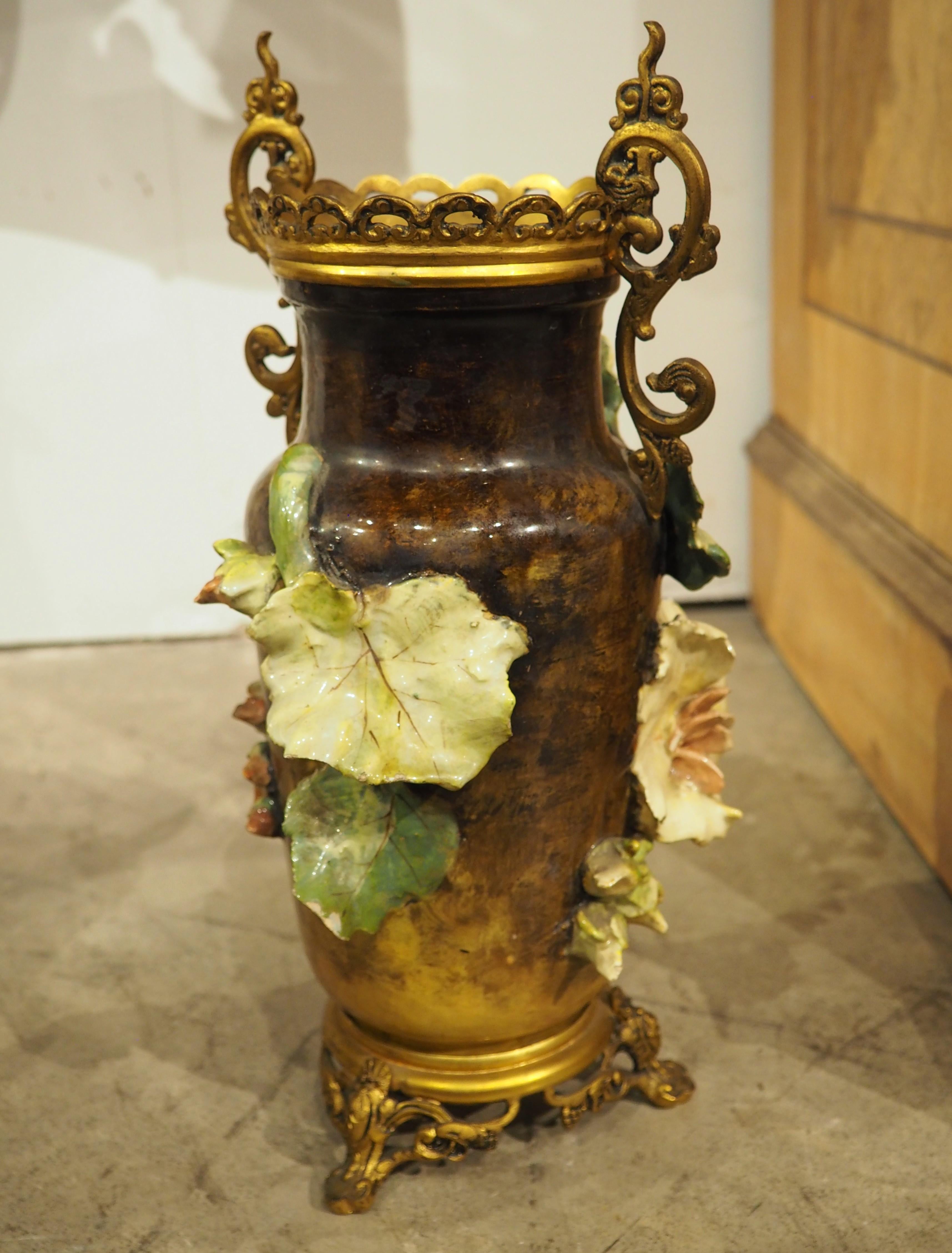 Pair of Gilt Bronze Mounted French Gros-Relief Barbotine Vases, Circa 1880 For Sale 7