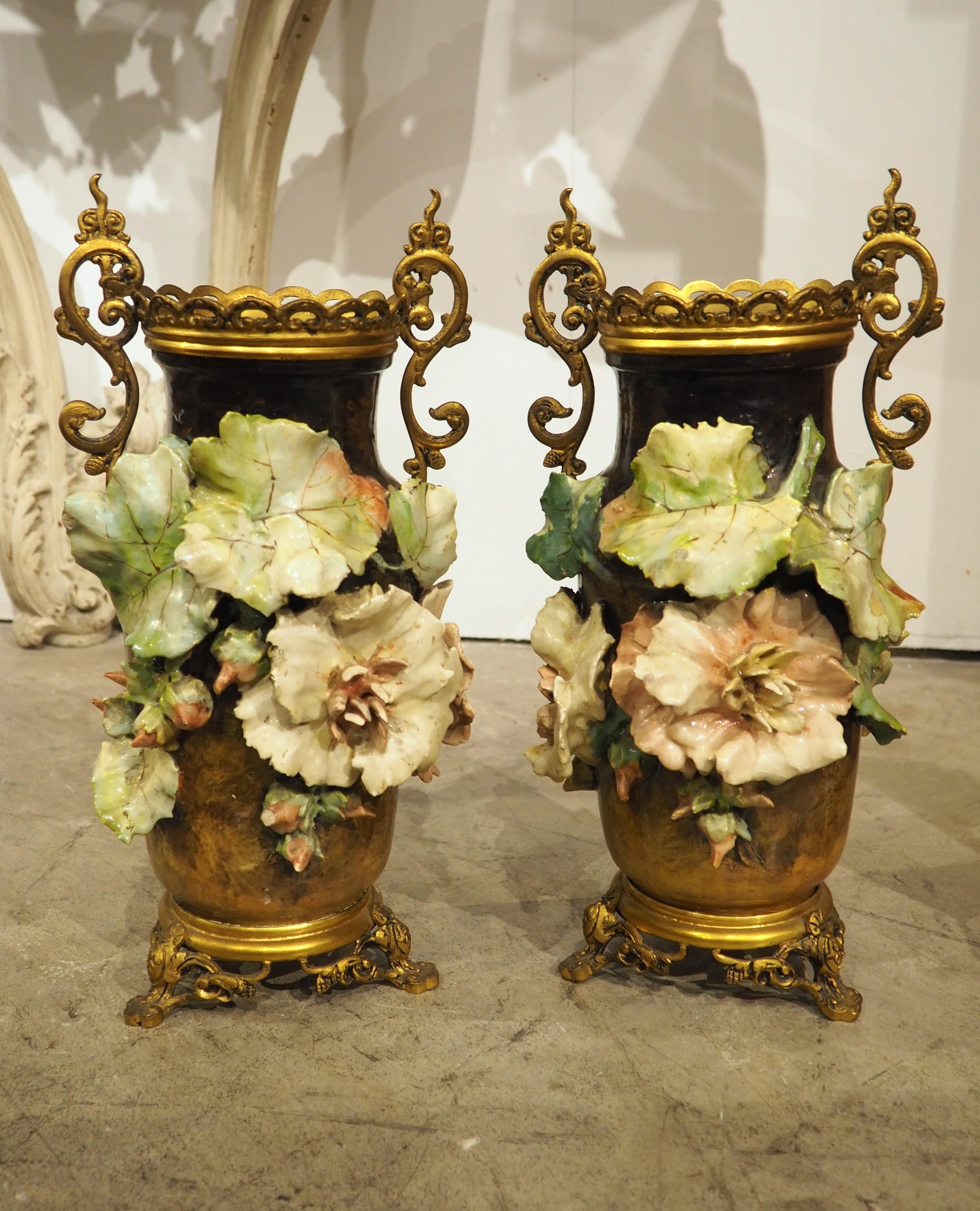 Pair of Gilt Bronze Mounted French Gros-Relief Barbotine Vases, Circa 1880 For Sale 10