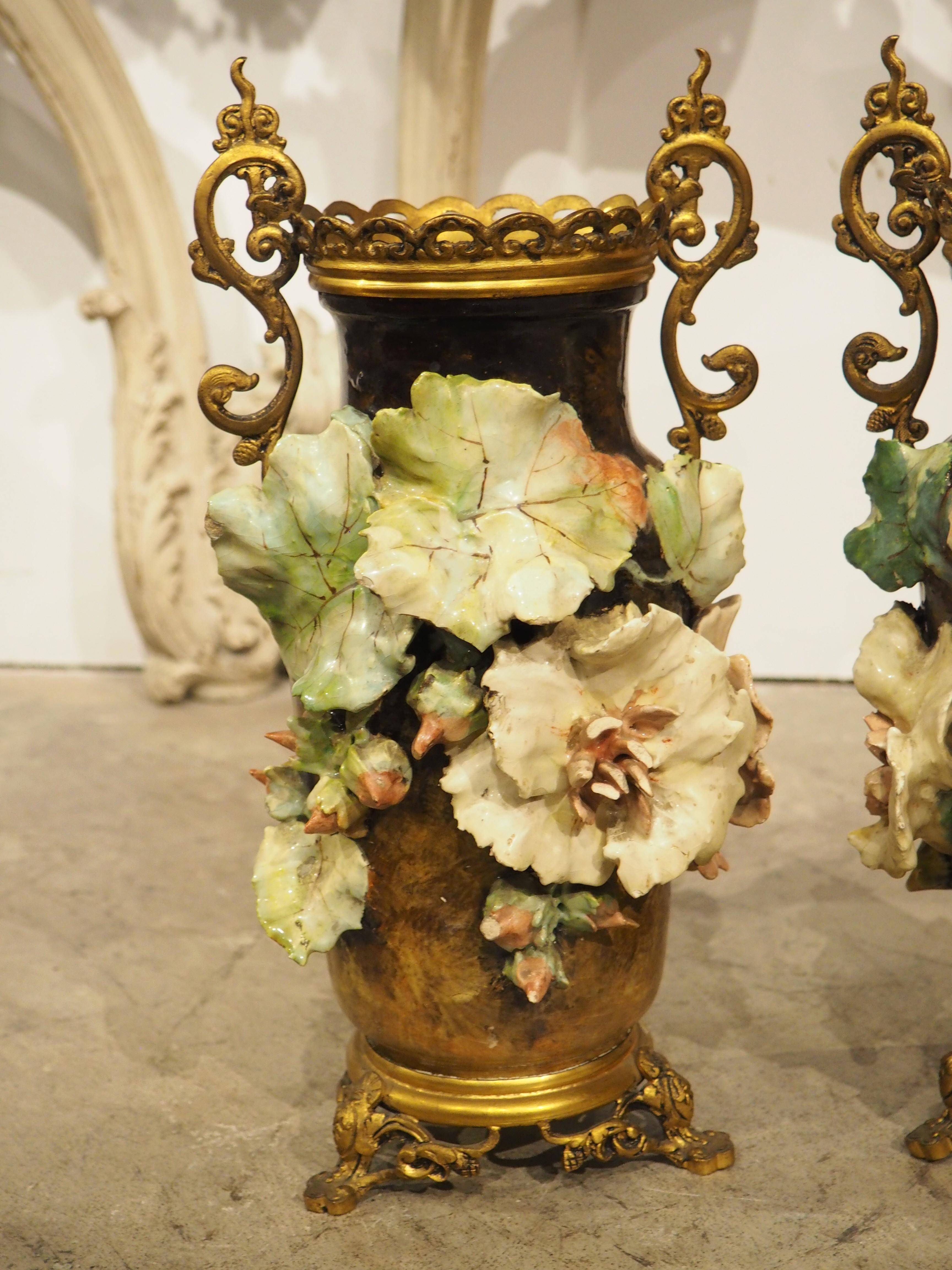 Pair of Gilt Bronze Mounted French Gros-Relief Barbotine Vases, Circa 1880 For Sale 11