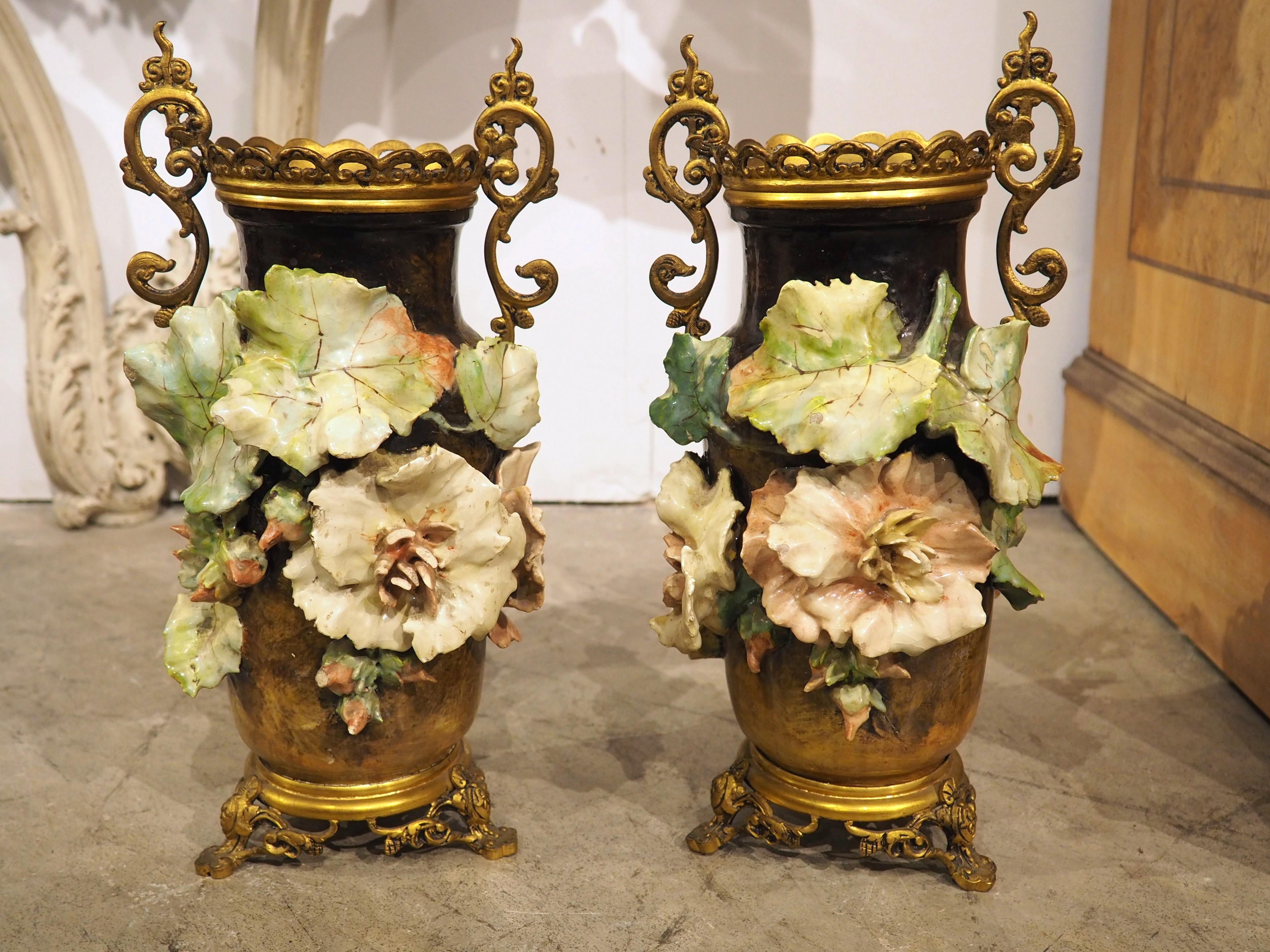 Pair of Gilt Bronze Mounted French Gros-Relief Barbotine Vases, Circa 1880 For Sale 12
